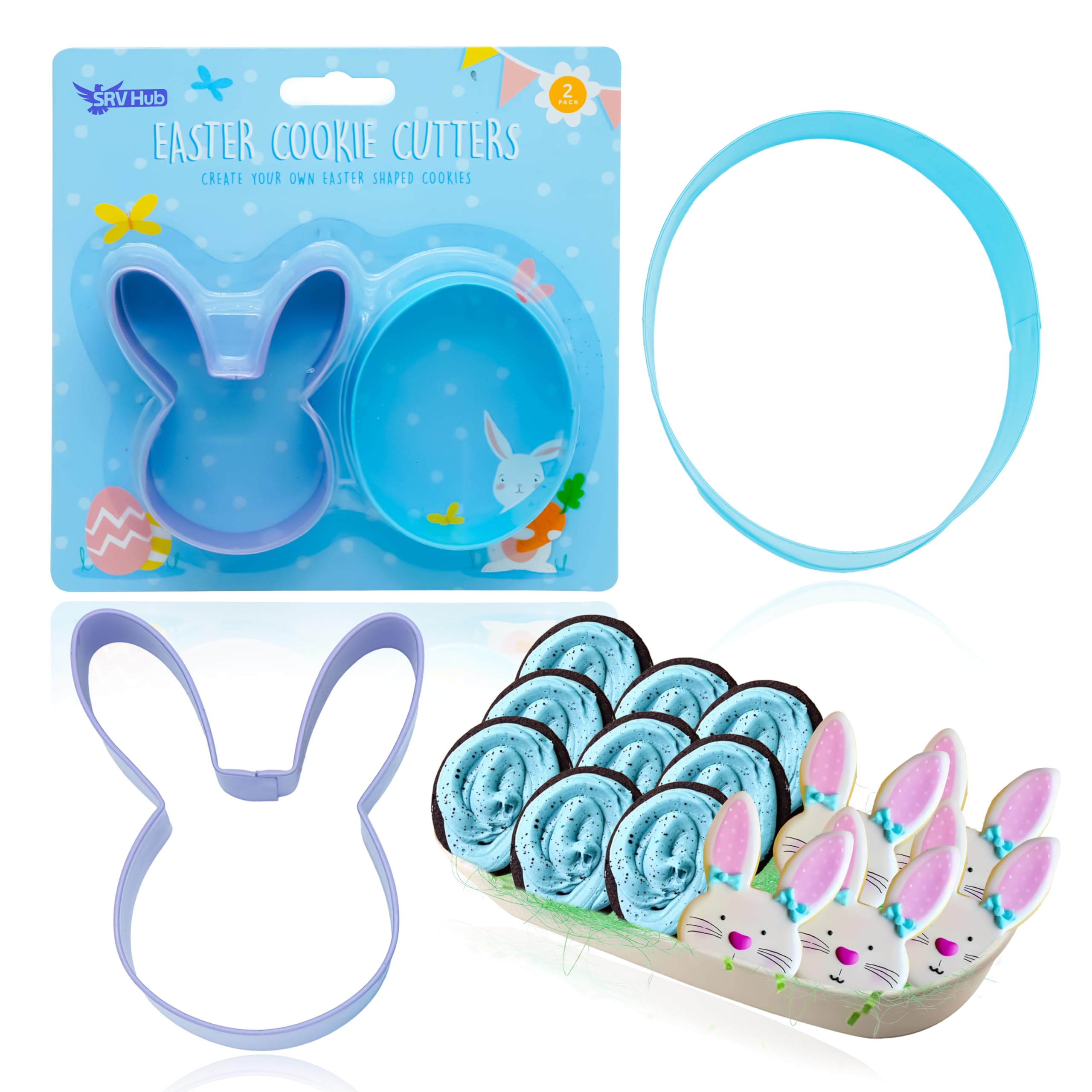 2Pcs Easter Cookie Cutters Set, Stainless Steel Bunny & Egg Moulds for Baking, Biscuits, Pancakes, Fondant, DIY Crafts, Kids Baking Tools, Easter Party Accessories Purple/Blue
