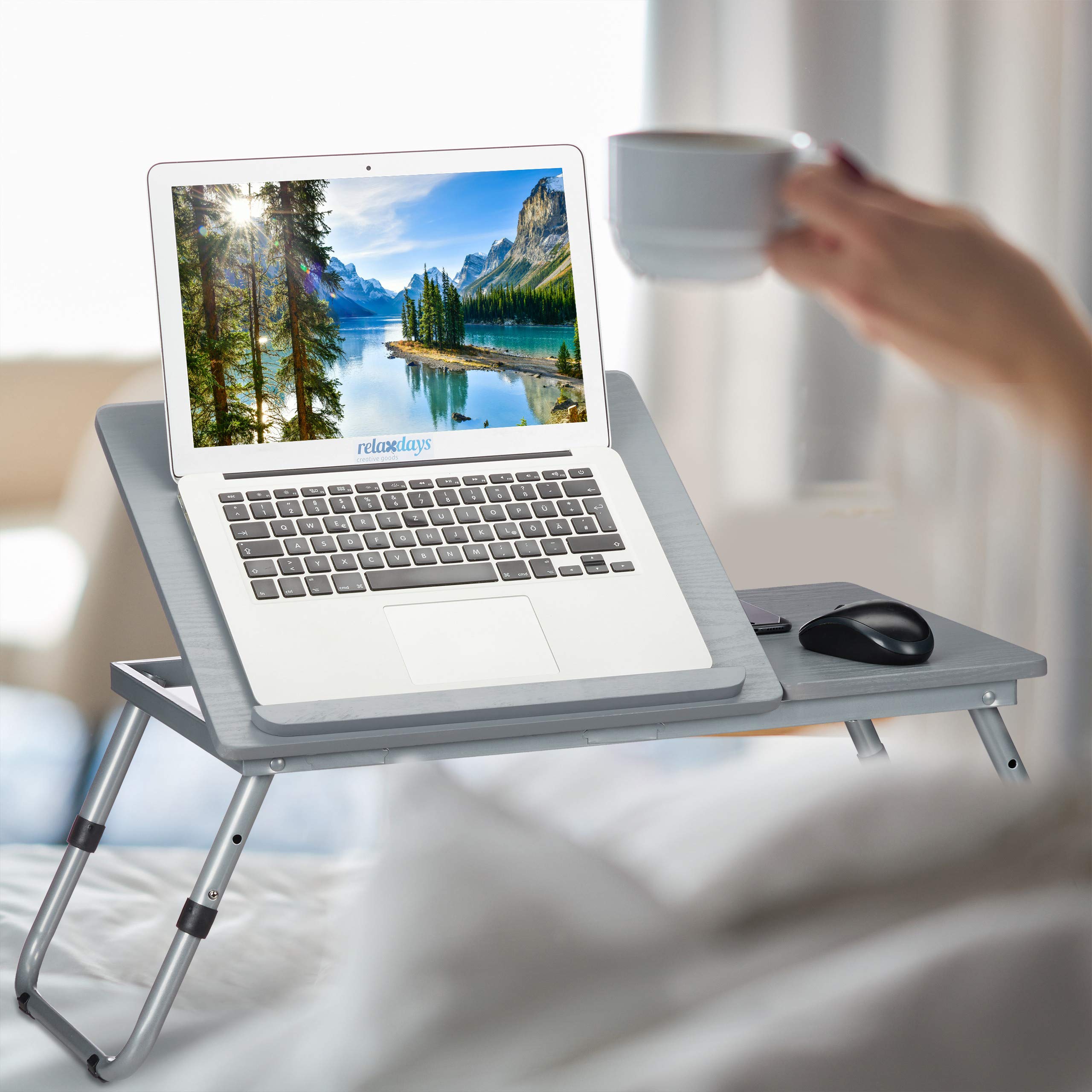 Relaxdays Stolik pod laptopa z regulacją wysokości, składany, pochylana powierzchnia robocza, stolik do łóżka, do laptopa, MDF, 44 x 73 x 34,5 cm, szary, 1 sztuka