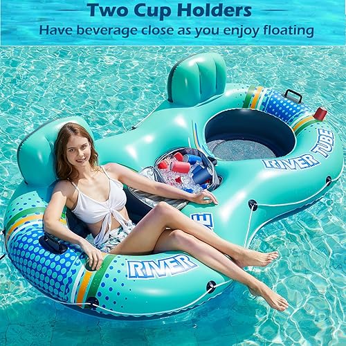 Miniatura 2 de Jasonwell Flotador inflable de tubo de ríopiscina para 2 personas con enfriador extraíble, tubos para lago, balsa flotante flotante con 2 portavasos