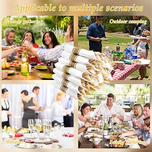 Miniatura 6 de Supernal Juego de 120 cubiertos de plástico dorado envueltos con servilleta, servilletas preenrolladas con juego de cubiertos, cubiertos enrollados