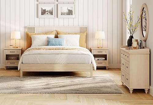 Miniatura 8 de WAMPAT Mesa auxiliar beige con estación de carga, elegante mesita de noche para dormitorio con 2 cajones y estante abierto, mesa auxiliar de madera