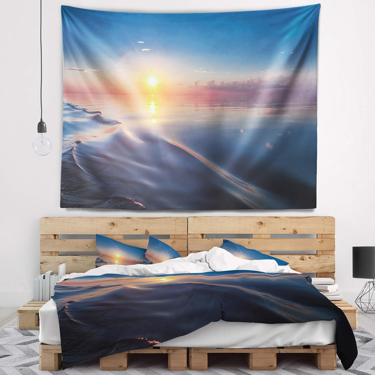 Designart ' Smooth Sea Surface Under Sunset' Beach Photo Tapestry Blanket Décor Wall Art for Home and Office, Created On Lightweight Polyester Fabric x Large: 80 in. x 68 in