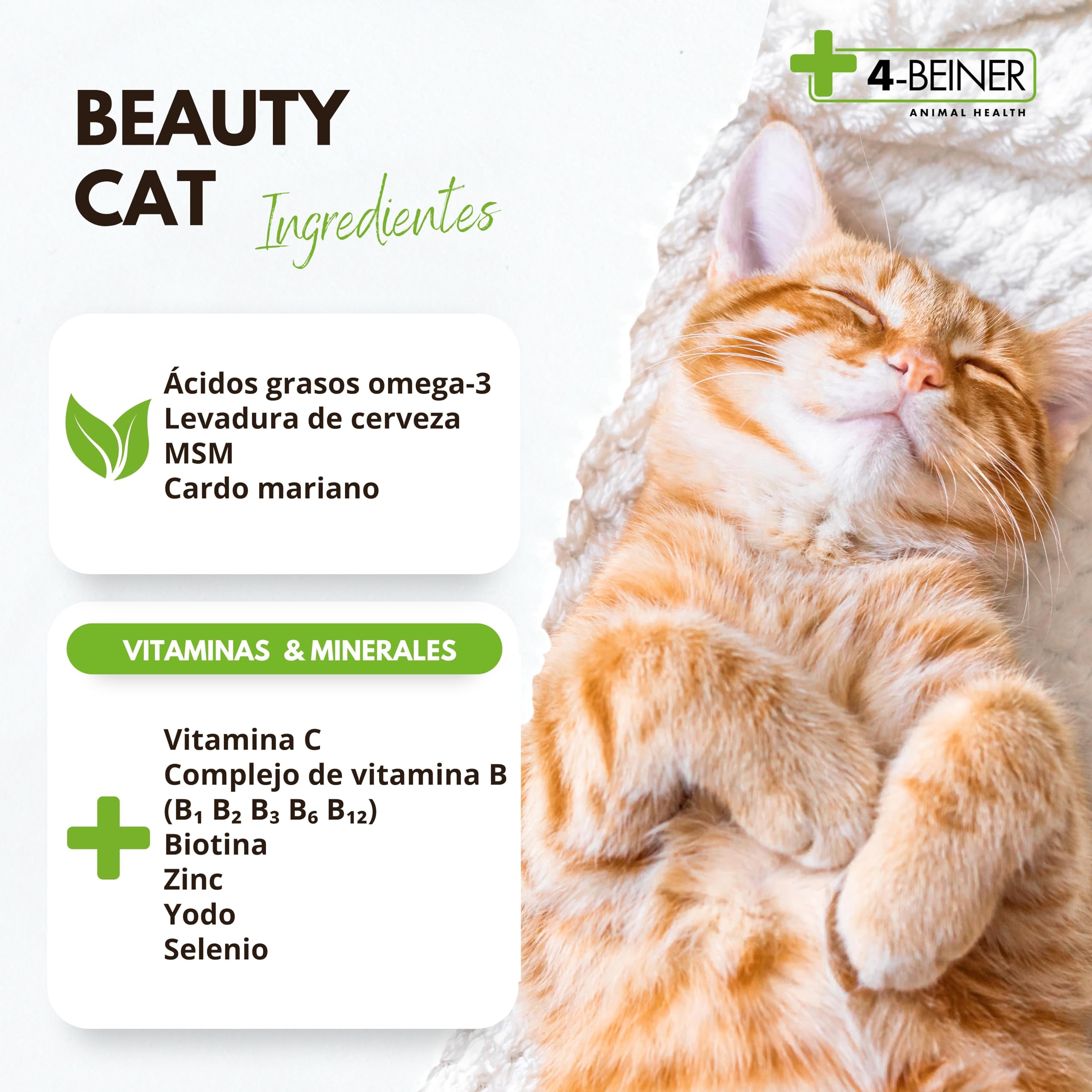 4-Beiner Beauty-Cat: multivitaminas para Gatos con Omega 3, MSM, Complejo de Vitamina B, Vitamina C, biotina, Cardo Mariano, levadura de Cerveza, Zinc, YODO, Selenio