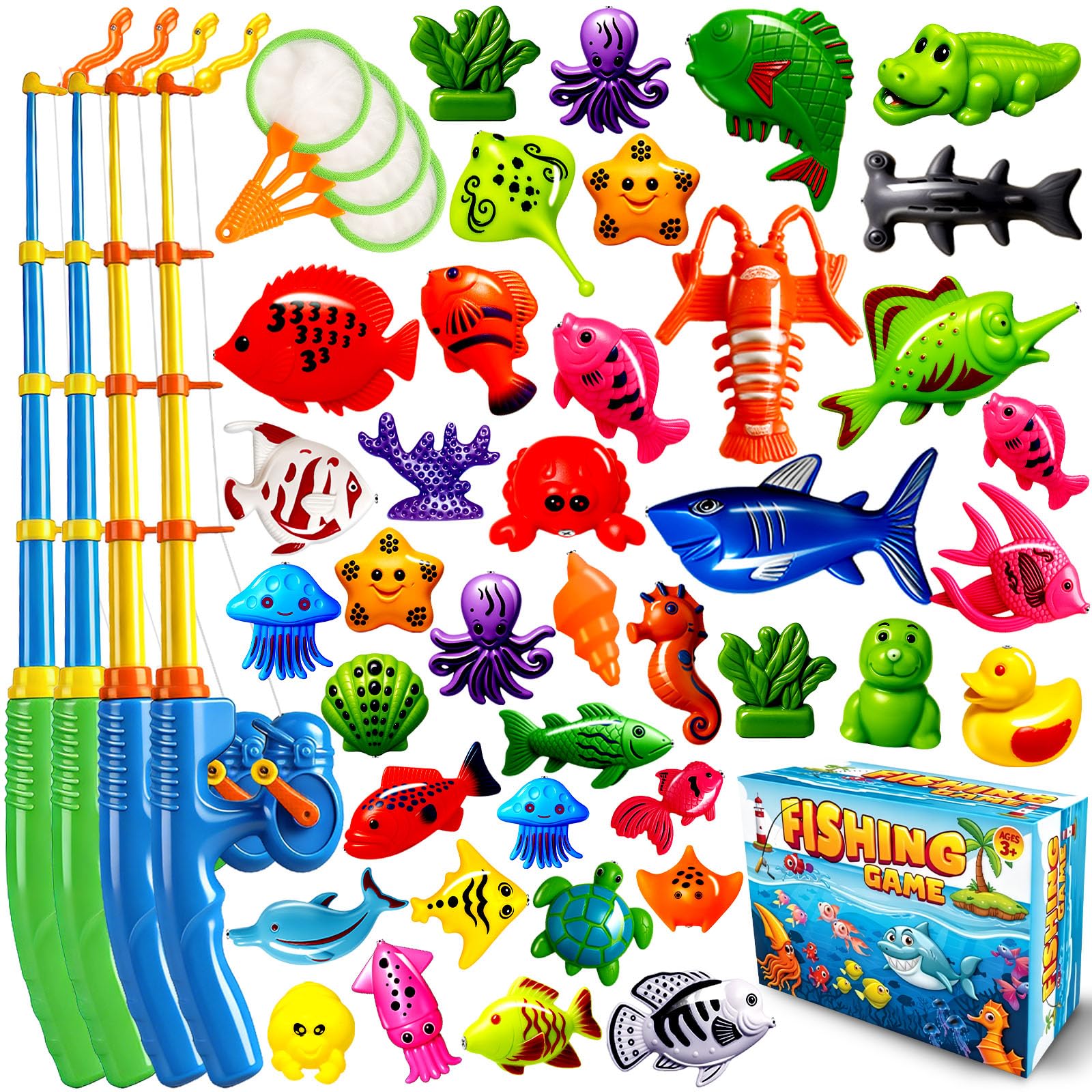 CozyBomB Magnetic Fishing Toys Game Set for Kids for Bath Time Pool Party with Pole Rod Net, Plastic Floating Fish - Toddler Education Teaching Christmas Birthday Gifts — view 9