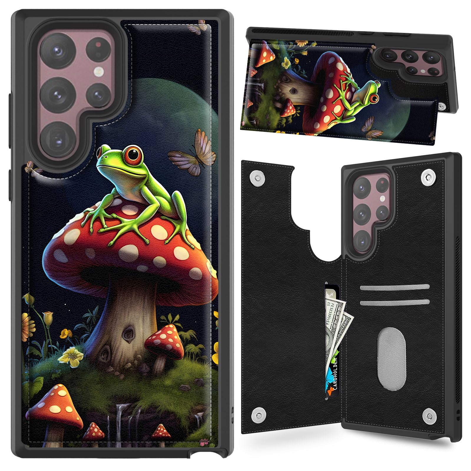 CAPAUNVDA Wallet Case for Samsung Galaxy S22 Ultra with Card Slots Holder, Soft PU Leather Back Flip Shockproof cover for Man Women,Frog on Mushroom