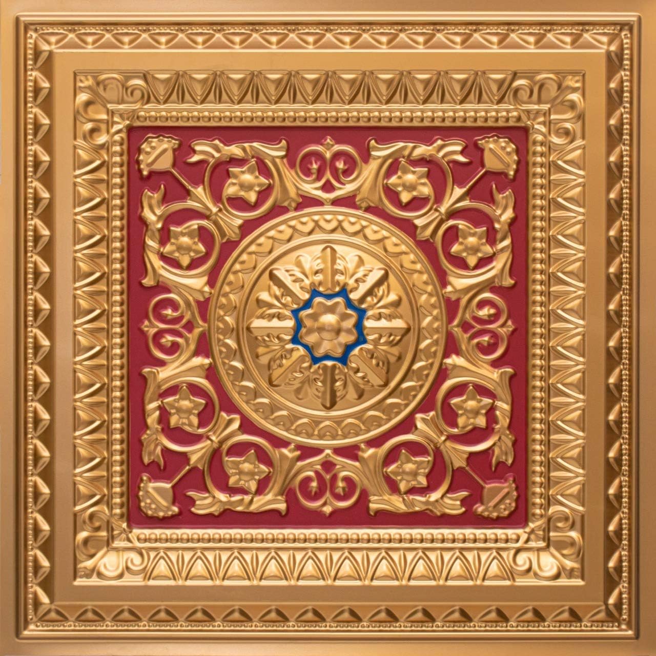 Venice #223 PVC Decorative Ceiling Tile Panel 2ftx2ft Glue Up/Grid (Pack of 12 - Approx. 48 sq. ft.) (Gold/Red/Blue)