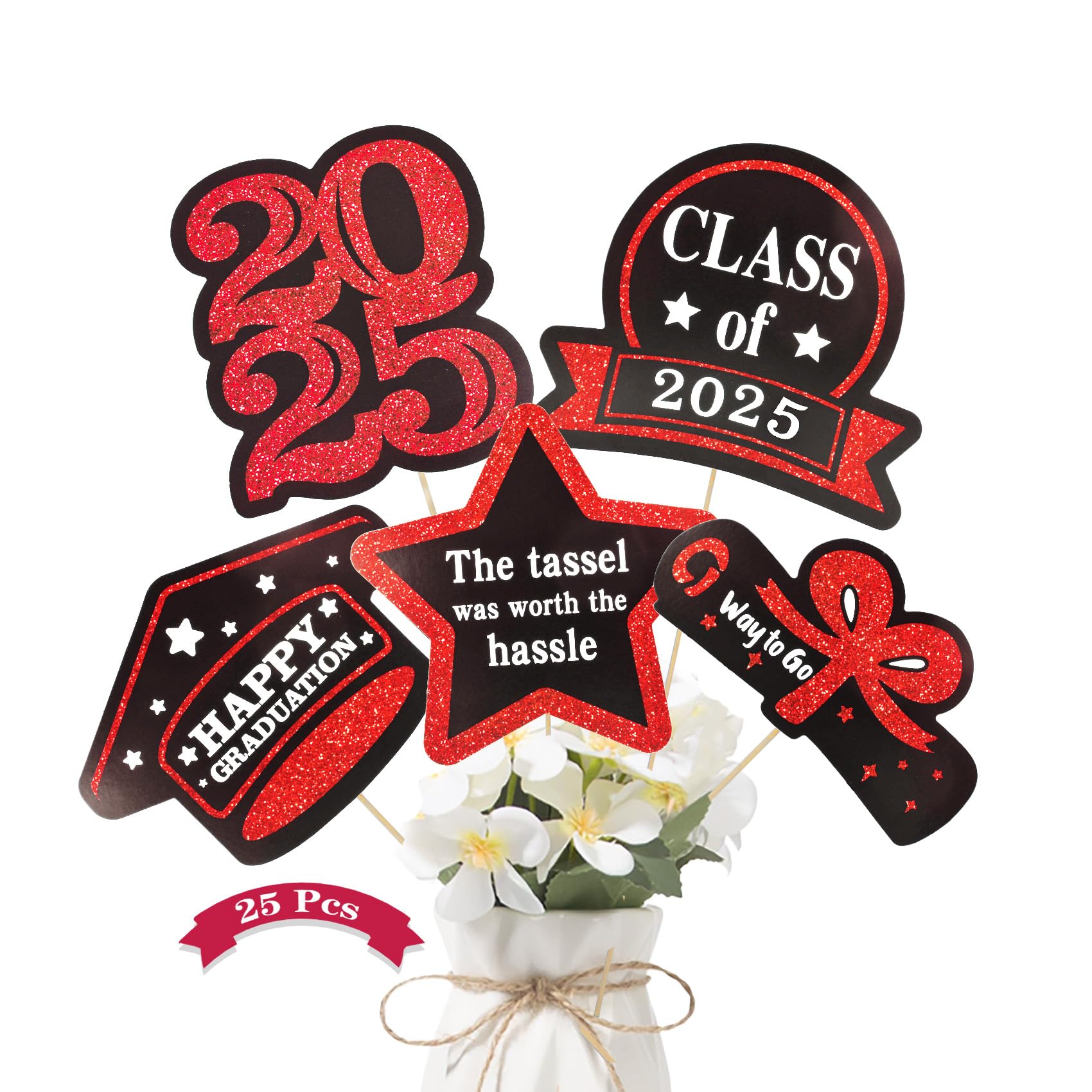 Abitoncc Graduation Decorations Class of 2025-25Pcs Red and Black Congrats Grad Centerpiece Sticks 2025 Graduation Party Table Toppers for College High School Congrats Party Supplies