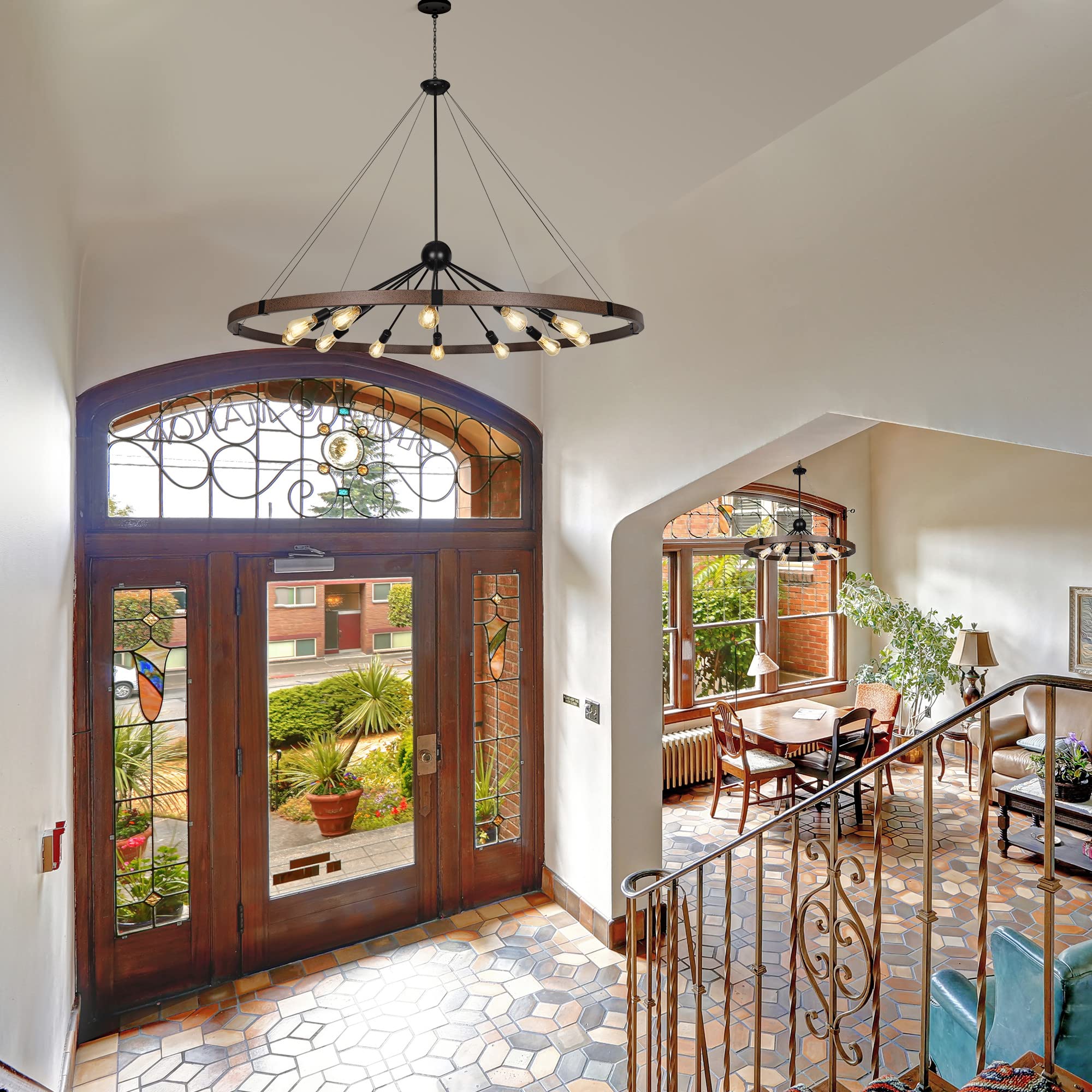 59'' Large Rustic Dining Room Light Fixture, 12-Light Farmhouse Wagon Wheel Chandelier, Industrial Round Chandeliers for Dining Room Entryway Living Room Bedroom Foyer, Vintage Rust and Black Finishe