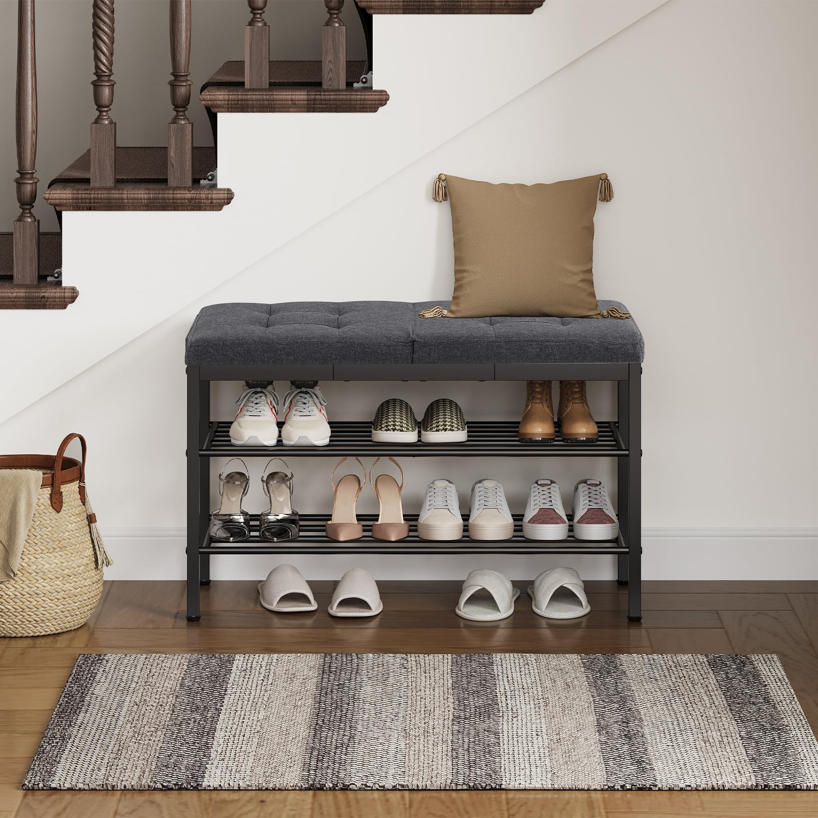 HOOBRO Banco Zapatero, Banco Almacenaje para Zapatos, Mueble de Entrada con Cojín Acolchado, Extremo de Cama, Ahorra Espacio, para Salón, Balcón, Dormitorio, Oficina, Gris y Negro EBGZ95HX01