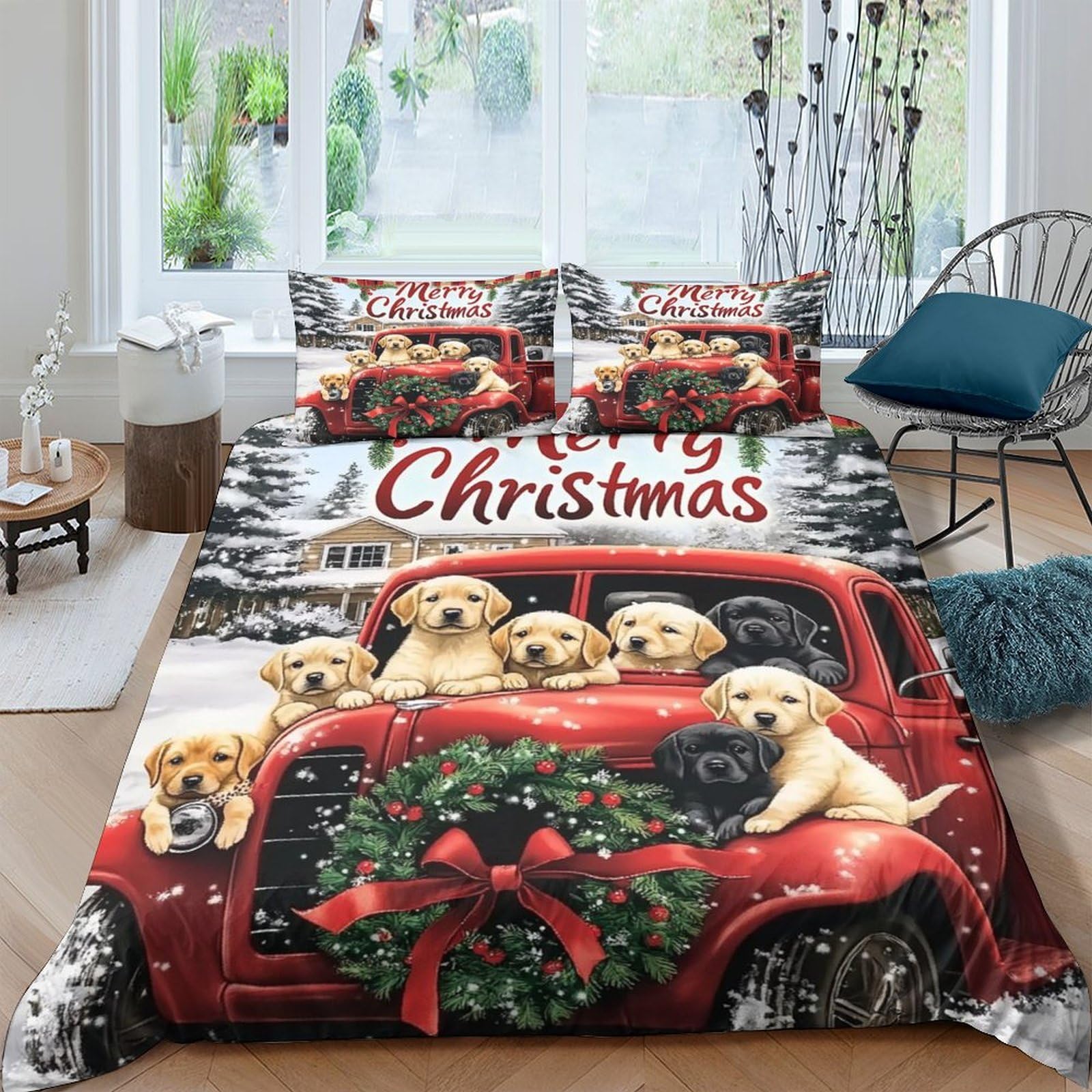 Ctjqhvkz Style-10 3D Printed Christmas Red Truck Fitted Sheet Microfiber Cute Puppy Bed Cover For Bedroom Dorm Mat Protection Decor Single（135X200cm）