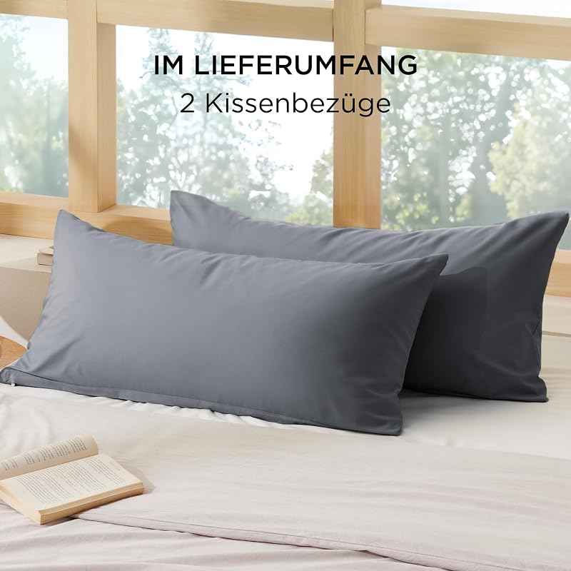Bedsure set 2 fețe de pernă din bumbac cu fermoar 40 x 80 cm gri antracit respirabile durabile Oeko-Tex