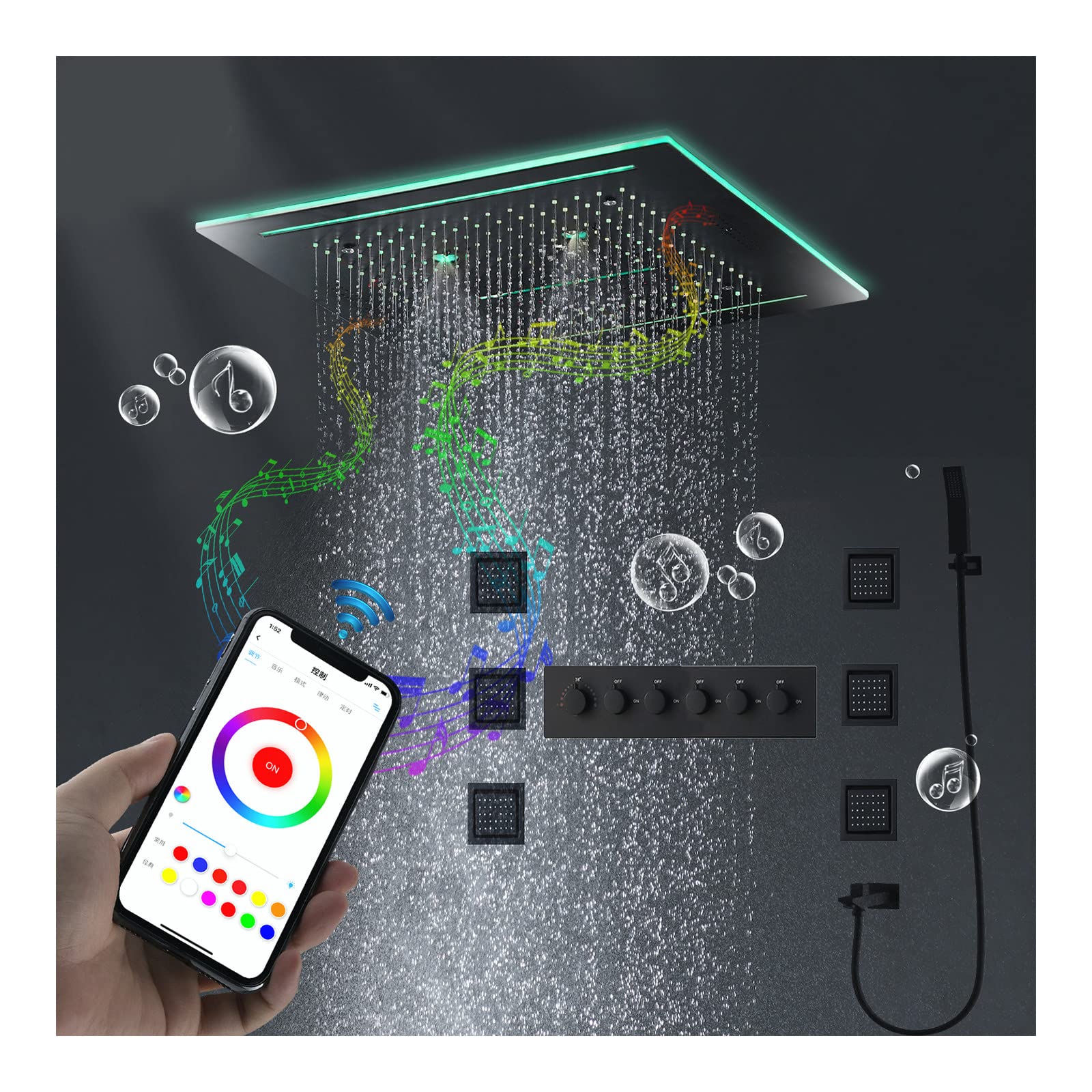 CWCQGH Music Shower Thermostatic Shower Faucet Set Led Rain Mixer Shower Combo Set Concealed Black Shower Fixture with 400 * 400Mm Rain Shower HEA,Shower Set
