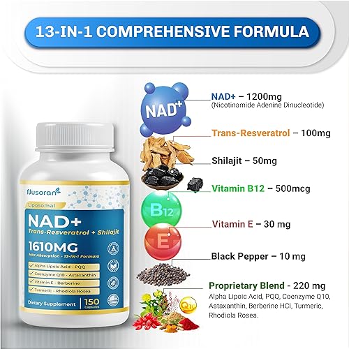 Miniatura 3 de Ultra NAD+ 1610mg - Fórmula 13 en 1 con resveratrol, CoQ10, Shilajit - Máxima absorción - Fabricado en Estados Unidos - 150 cápsulas - Sin OMG, sin