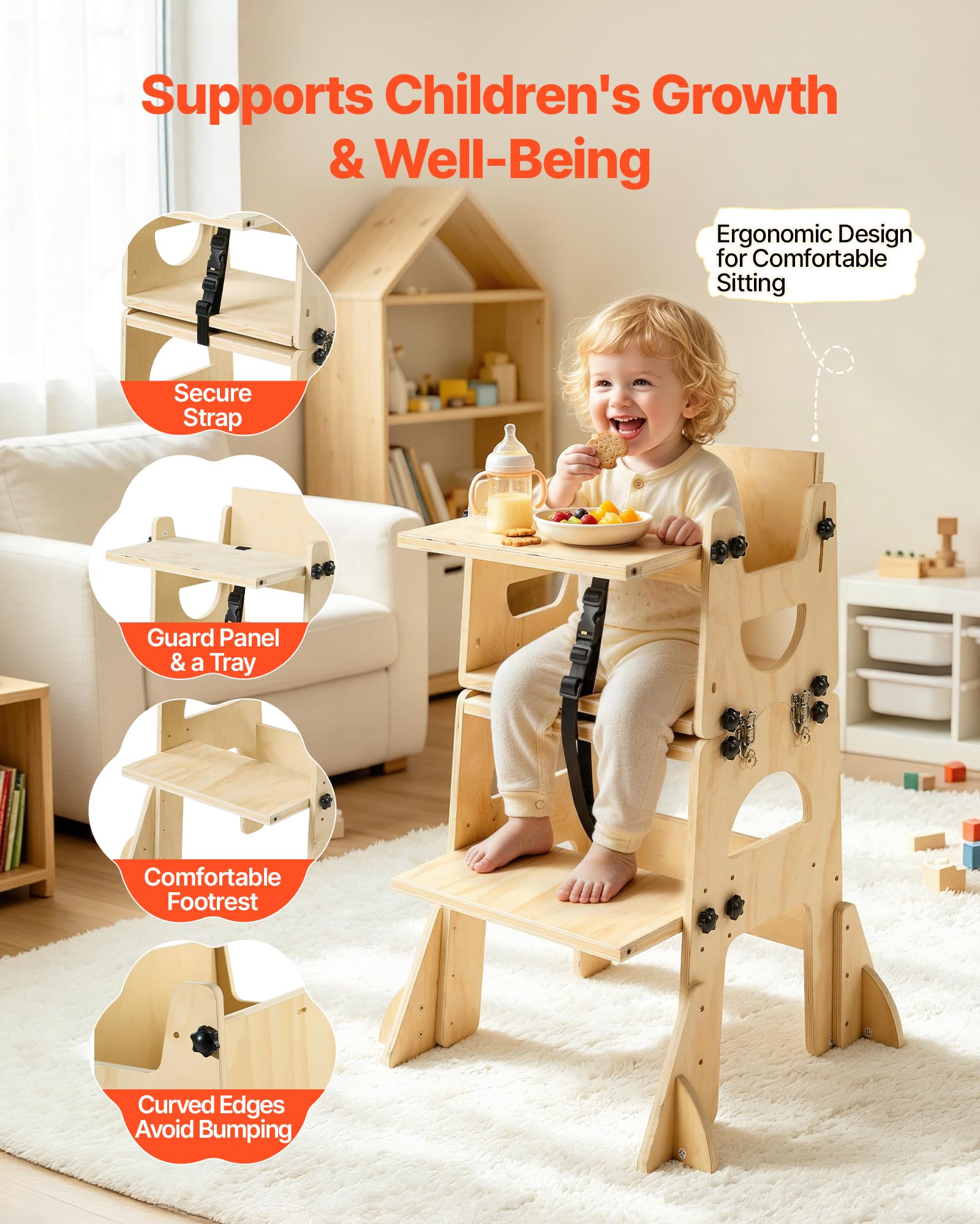 VEVOR Torre de Aprendizaje Montessori Plegable para Niños Multifuncional | Torre Ayudante de Cocina Infantil, Juego de Mesa y Silla Convertible para Bebés de Madera, para Destete Comer Jugar Dibujar