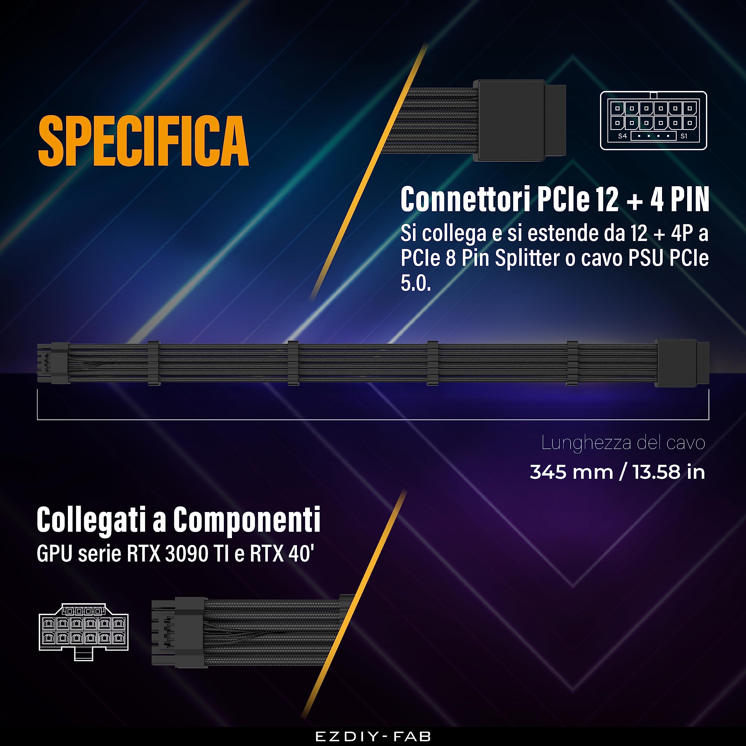 EZDIY-FAB Cavo di Estensione Manicato per Alimentazione GPU PCIe 5.0 16 pin (12+4) 12VHPWR,Maschio a Femmina, Compatibile con RTX 5080, 5070, 4090, 4080, 4070, 16AWG con Pettini per Cavi/Nero