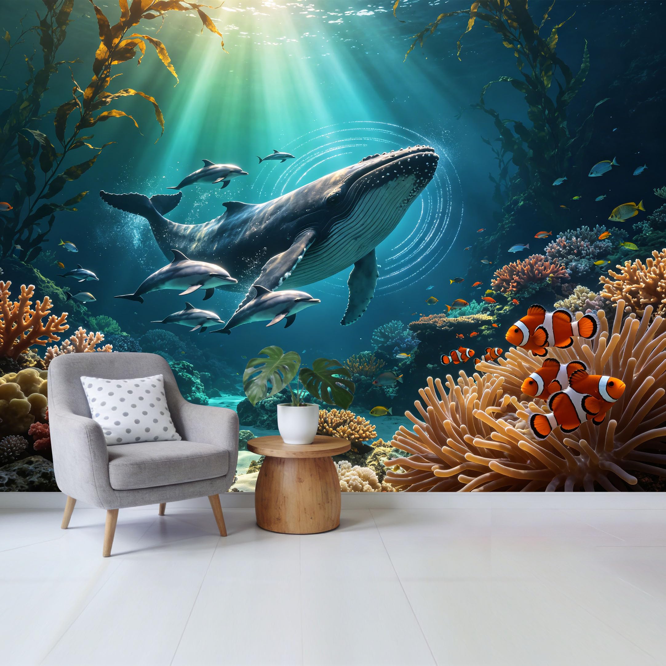 Custom Size Wall Mural Humpback Whale and Dolphins Ocean Marine Life Removable Self Adhesive Fabric，Home Wall Decor for Living Room Bedroom Bathroom