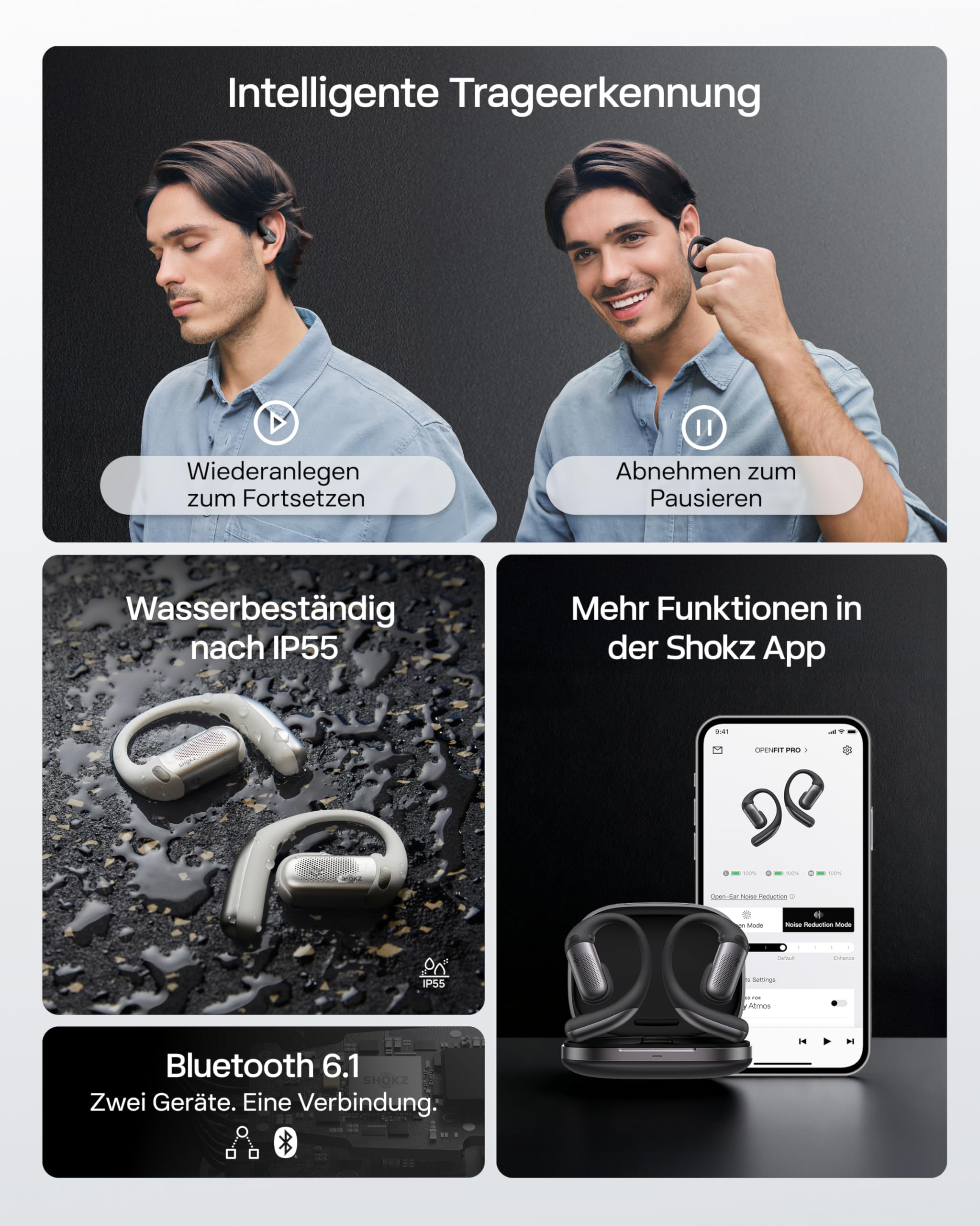 SHOKZ OpenFit Pro Open-Ear-Kopfhörer mit Open-Ear Geräuschreduzierung, Optimised for Dolby Atmos, Tiefe Bässe, 50H Akku, klare Anrufe für Arbeit, Sport, Outdoor Bluetooth 6.1, IP55, Schwarz