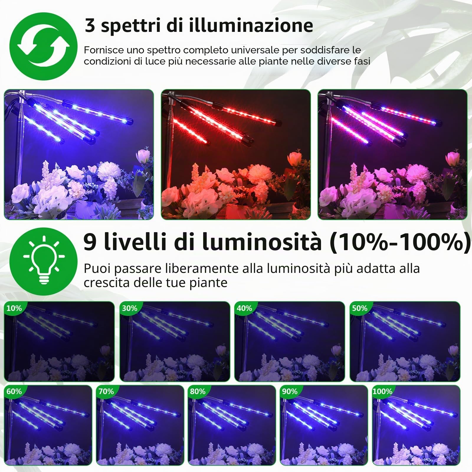 Lampade per Piante Indoor, Lampada Crescente Spettro Completo 4 Heads, Luce per Piante Con Treppiede, Luce LED Coltivazione Indoor Con Timer, 3 Modalità E 9 Regolazioni Di Luminosità