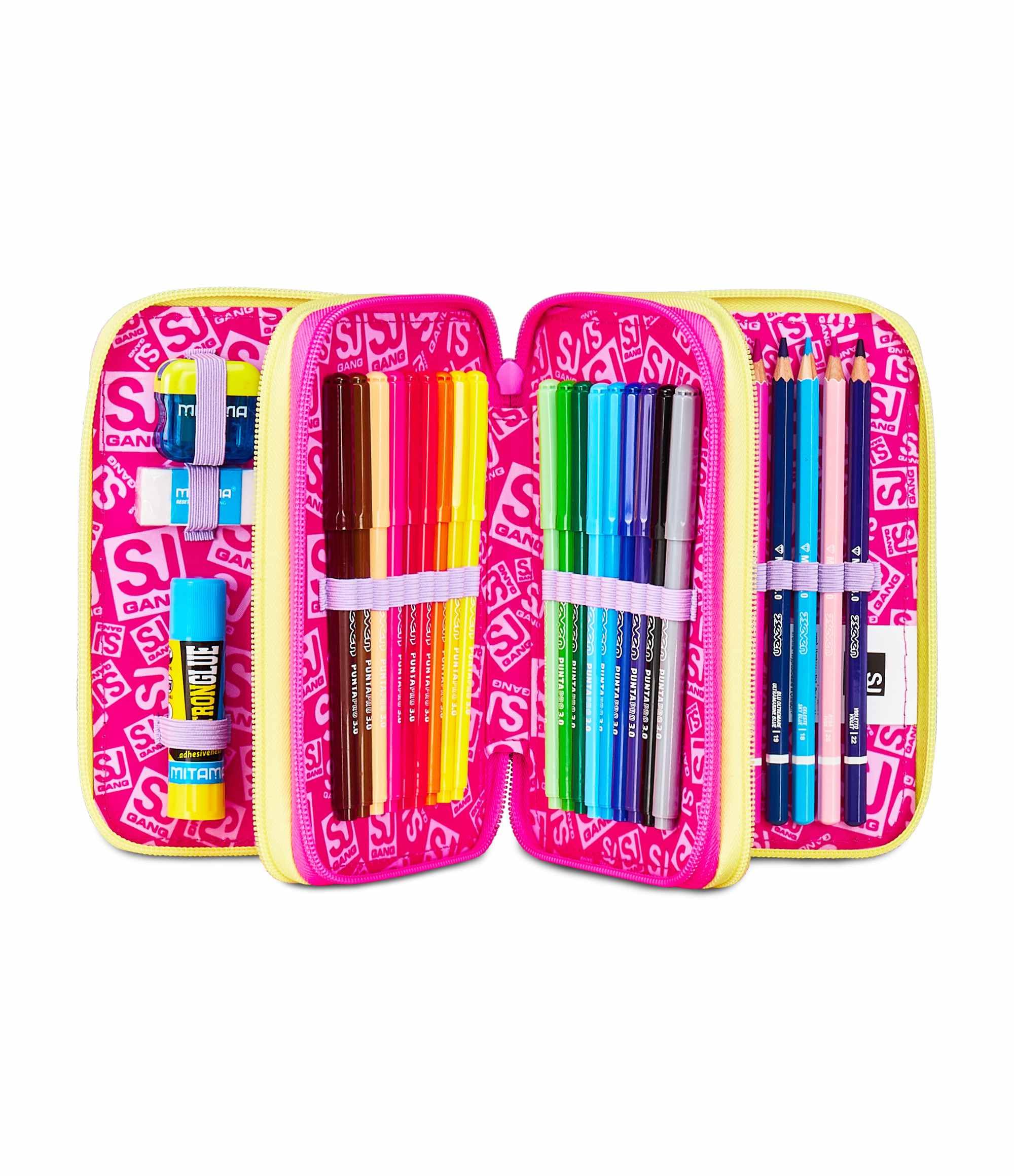 Astuccio Scuola 3 Zip Fucsia Arancio Portapenne Triplo Scomparto Completo