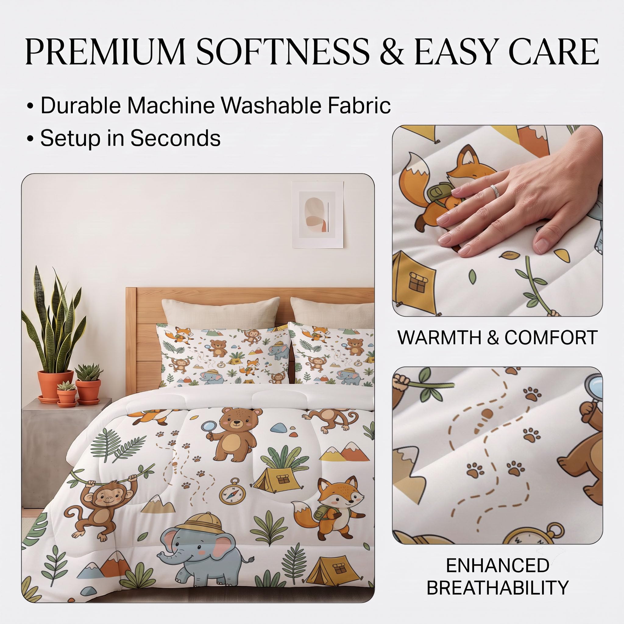 Piumone 2-In-1 Letto Singolo 140X200 Cm Animali Divertenti E Avventurosi | Trapunta E Piumino Reversibile 4 Stagioni, Campeggio Nella Foresta Animali, Copriletto Lavabile Morbido Leggero, Beige