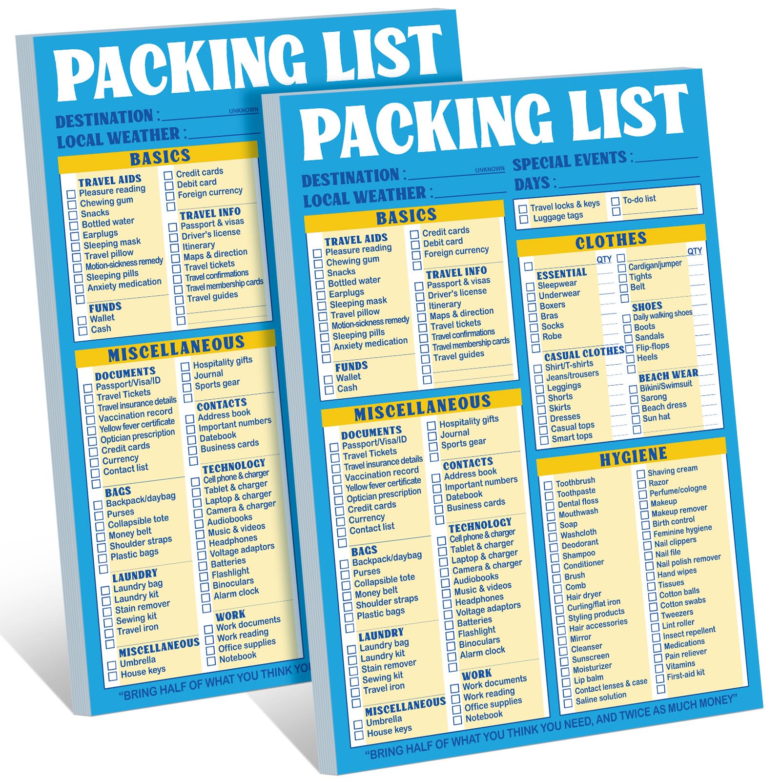 Eaasty 2 Pcs 120 Sheets Travel Packing List 6 x 9 Packing List Checklist Notepad Cruise Checklist Essentials Note Pad for Hiking Camping Beach