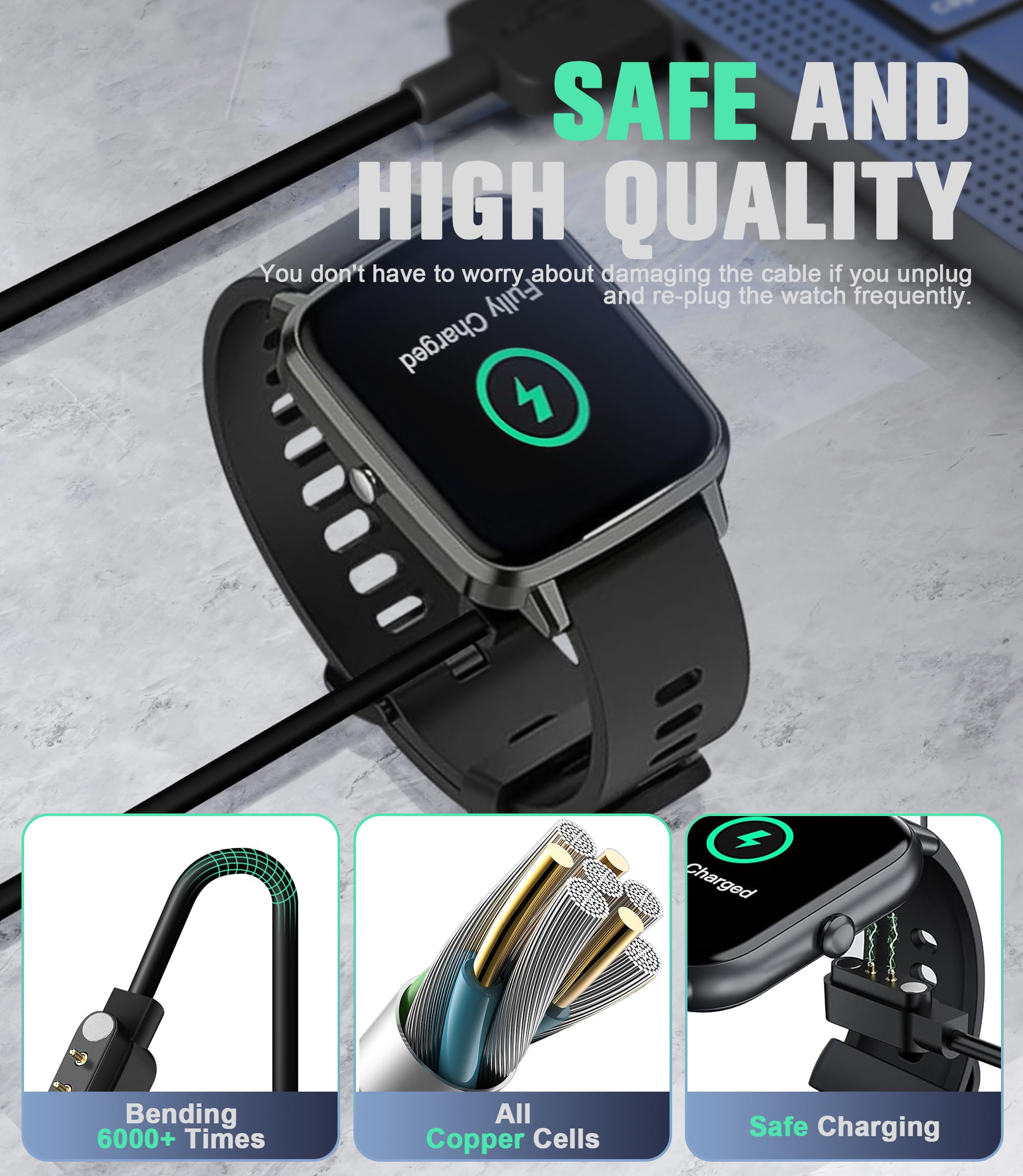 Generic Cavo USB compatibile con smartwatch Nerunsa P66, P66D, P66B, P66E, P66DMB, P66RD, cavo intrecciato resistente all'usura 3,3 FT/1M, nero