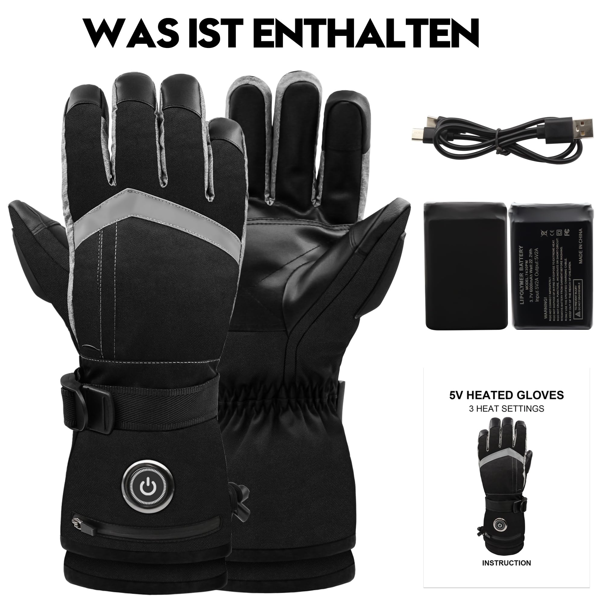 Beheizte Handschuhe für Männer und Frauen, 6000 mAh Akku, wiederaufladbare Handwärmer-Handschuhe mit Touchscreen, wasserdicht, elektrisch, beheizter Skihandschuh für Winter, Outdoor, Arbeit, Jagd