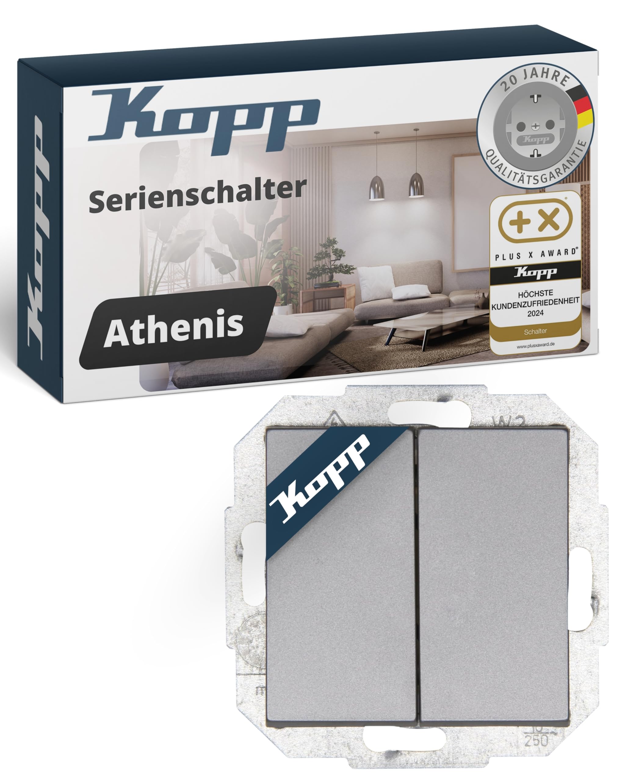 Kopp ATHENIS Serienschalter in Stahlfarben - Hochwertiger Doppel-Lichtschalter mit 10AX Schaltvermögen - IP20 Schalter-Unterputz mit Wippe & Steckklemmen - Stilvoller Doppelschalter 250V~