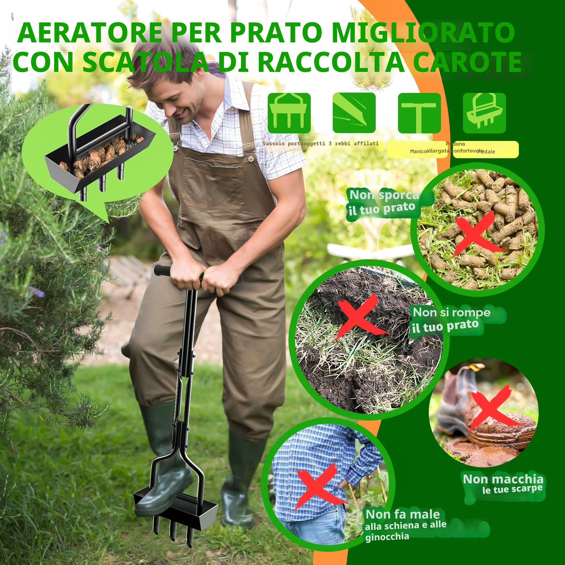 EEIEER Arieggiatore per Prato Manuale, Arieggiatore Manuale Aeratore Prato con Vassoio di Stoccaggio e Attrezzo da Giardino, Aeratore per Prato Scarificatore per Prato Arieggiatore Prato