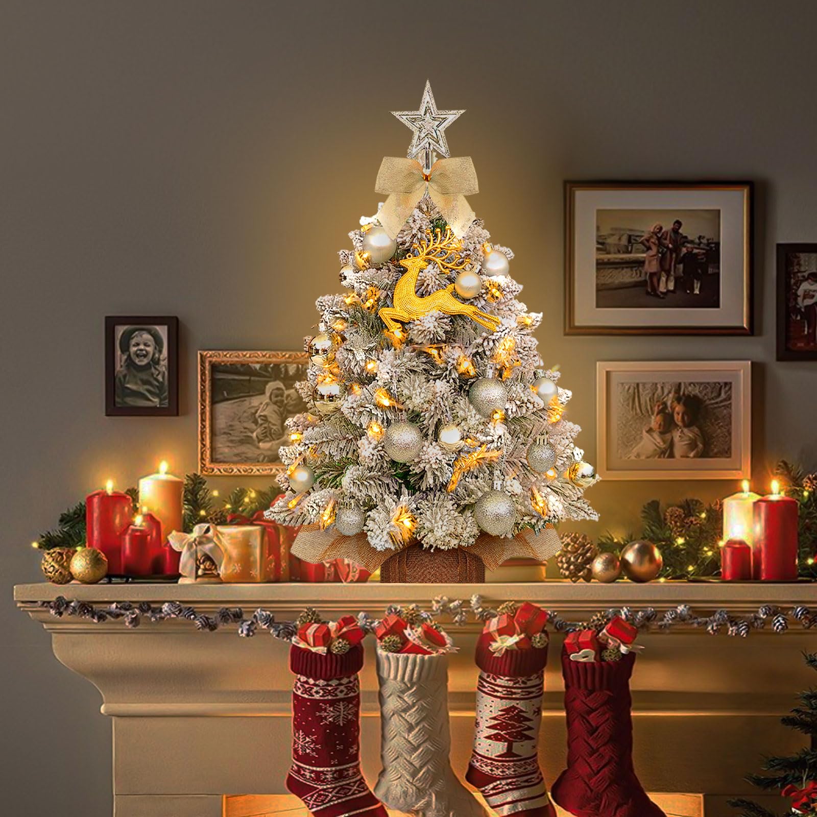 Decoratieve kerstboom, 60 cm, kunstmatige mini-kerstboom, tafelkerstboom met ornamenten, gouden ster, boompiek, bessen, dennenappels, kerstdecoratie, led-lichtsnoeren, kleine dennenboom Decoratieve kerstboom, 60 cm, kunstmatige mini-kerstboom, tafelkerstboom met ornamenten, gouden ster, boompiek, bessen, dennenappels, kerstdecoratie, led-lichtsnoeren, kleine dennenboom
