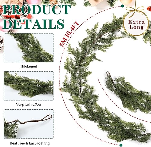 Miniatura 2 de Guirnalda de ciprés artificial de pino nevado extra larga con cintas y campanas, decoraciones de pino de tacto real para escaleras, interiores y