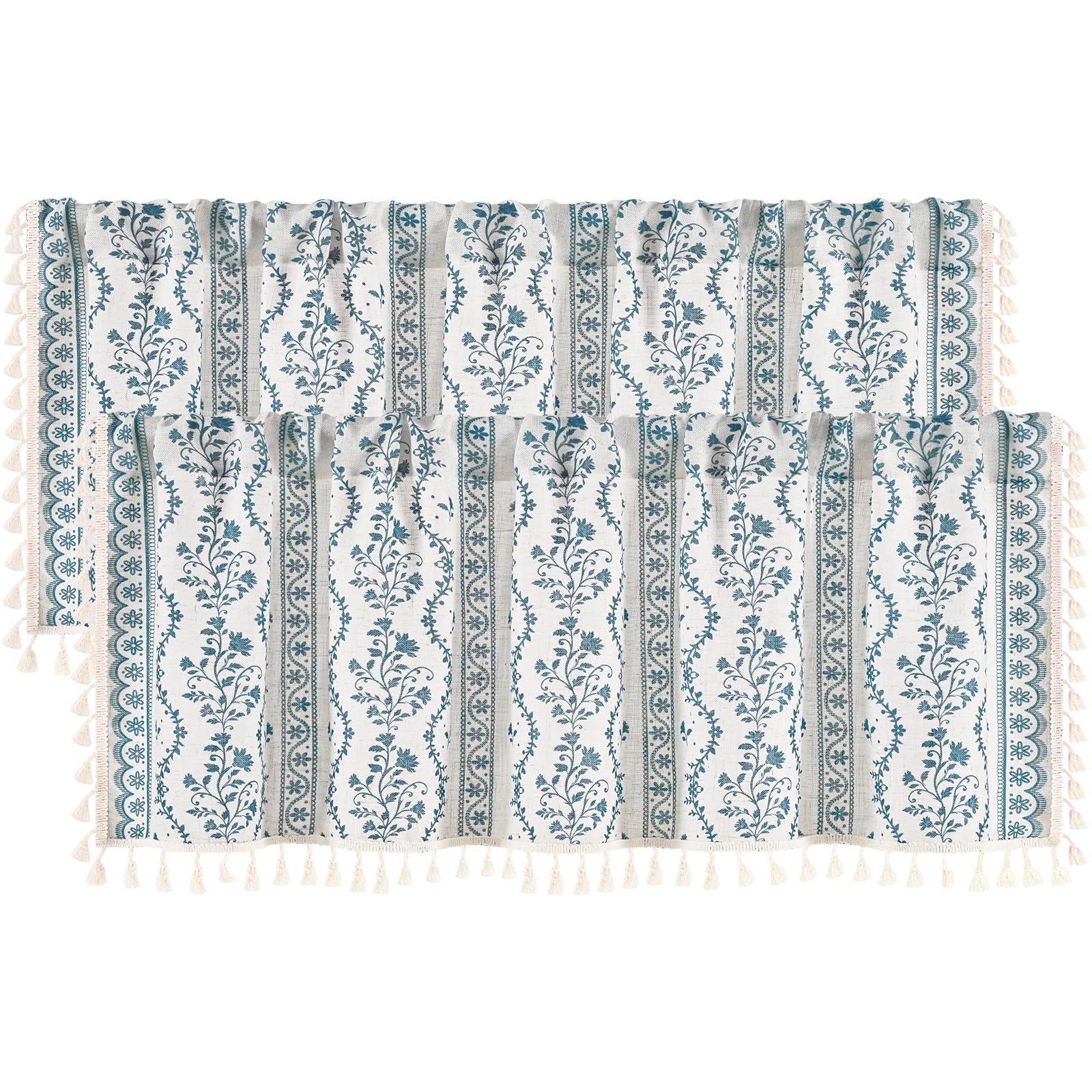 Yinhua 2 Pack Boho Valance Curtains Vintage Linen Kitchen Valances for Windows Light Filtering Bohemian Floral Valance Rod Pocket Tassel Window Valances for Bathroom Cafe, 52" W X 18" L, White Blue