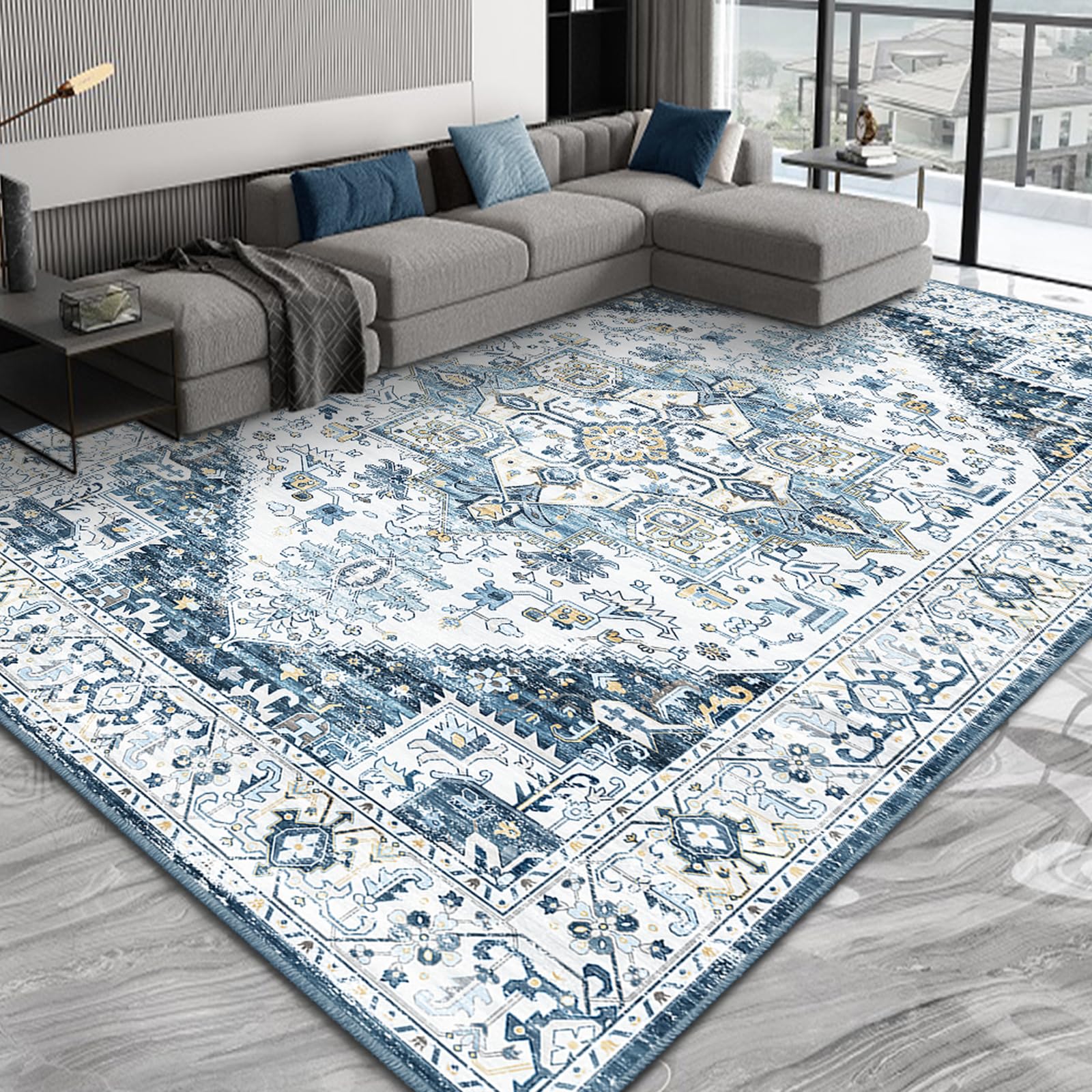 Fortsea 8x10 Area Rugs for Living Room, Machine Washable Non Slip Vintage Retro Rugs, Low Pile Lightweigt Chenille Print Indoor Rug for Bedroom,