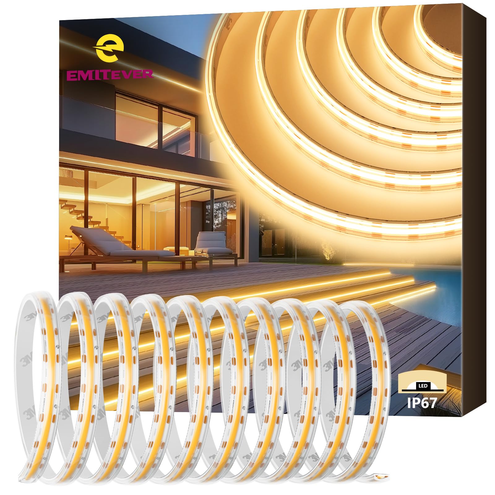 EMITEVER Warm White COB Strip Light 2700K 16.4ft,IP67 Waterproof,Dimmable