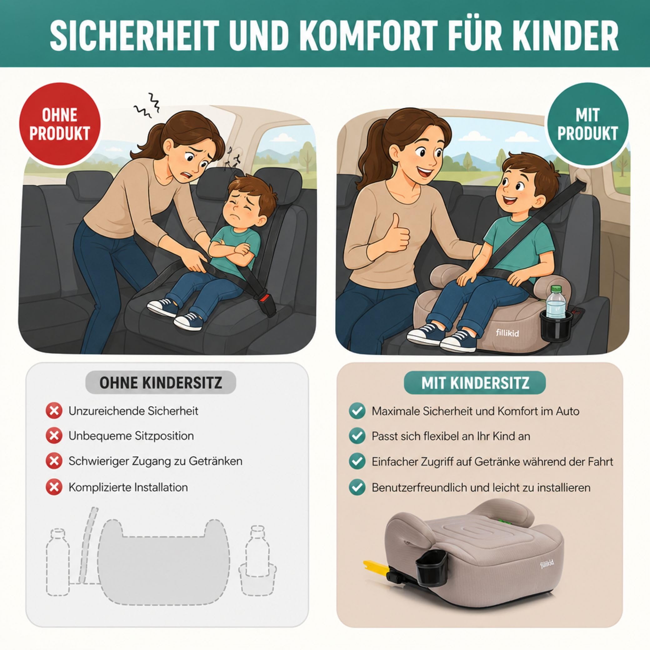Fillikid Kindersitzerhöhung ohne Isofix, Autositzkissen für Kinder 125-150 cm 22-36 kg 6-12 Jahre
