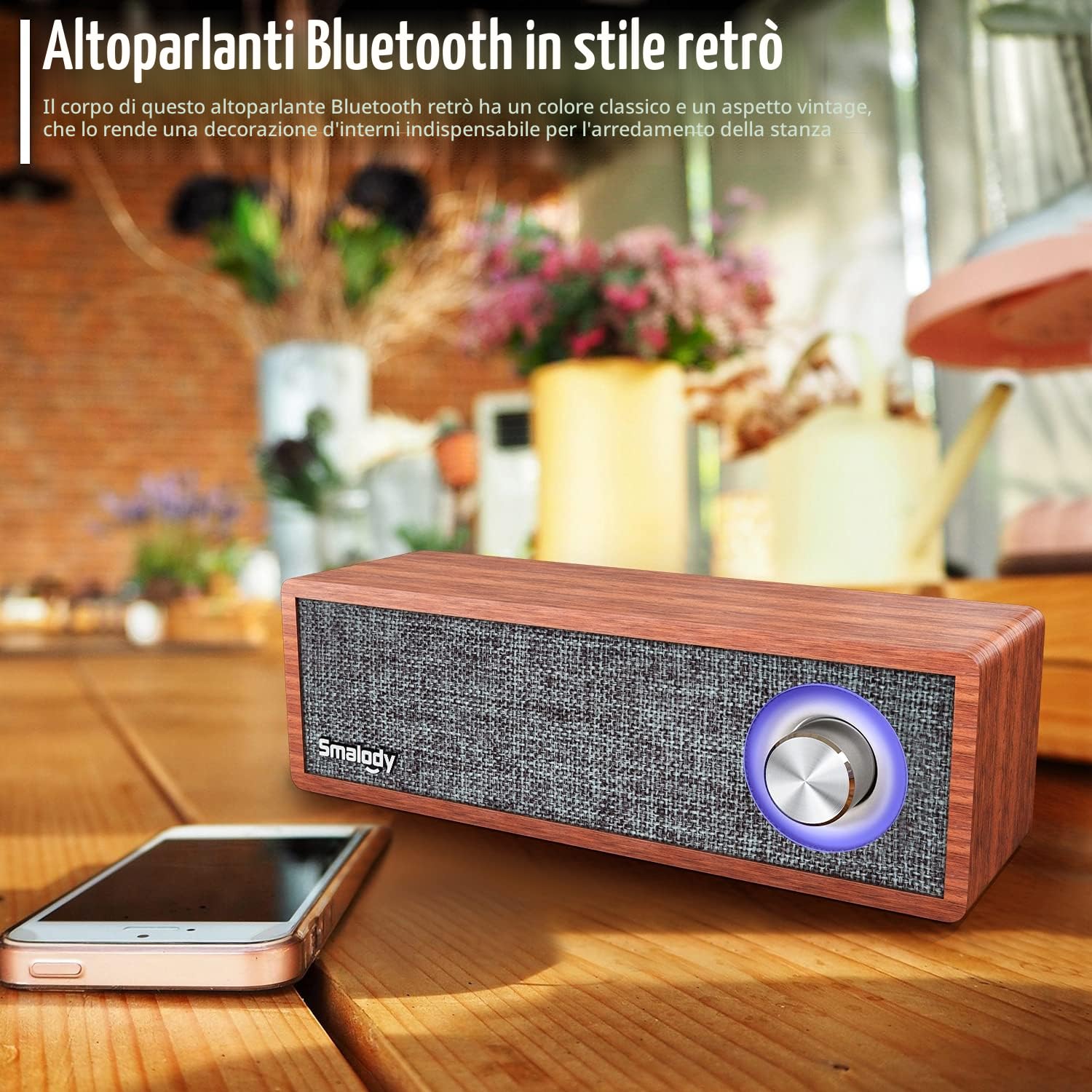 Smalody Altoparlante Bluetooth, 10W in legno classici senza fili portatili | Design in legno vintage, altoparlante Bluetooth portatile mini, ideale per arredamento e caffè