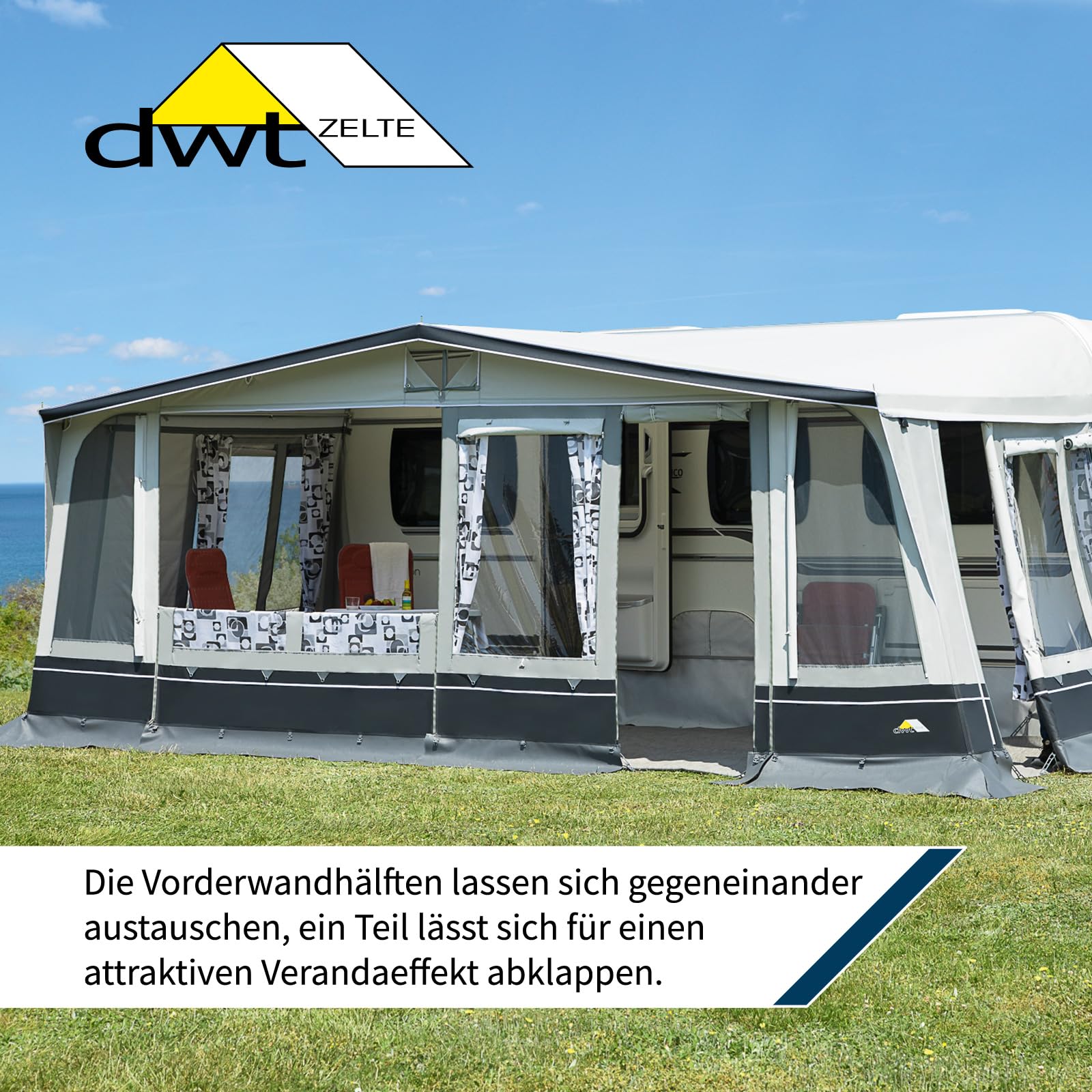 DWT Wohnwagen Vorzelt Domino 250 cm tief, Saisonzelt für Wohnwagen-Camping, Ganzzelt mit attraktiver Optik und Farbgestaltung