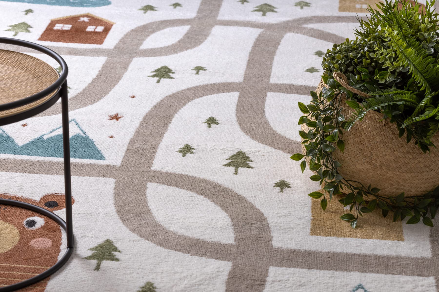 rugsx Tappeto bambini FUN Polar moderno, per la stanza del bambino, tappeti da gioco, camera dei bambini, design originale, Strade, Foresta, crema 200x290 cm