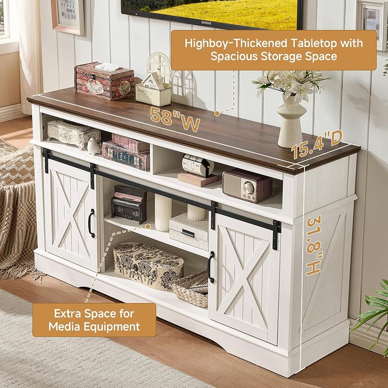ROCKPOINT 58 Inch Farmhouse Entertainment Center,TV Stand with Sliding Barn Doors & Storage Cabinet,Highboy Media Console Fits Up to 65 Inch TVs for Living Room,White image 6