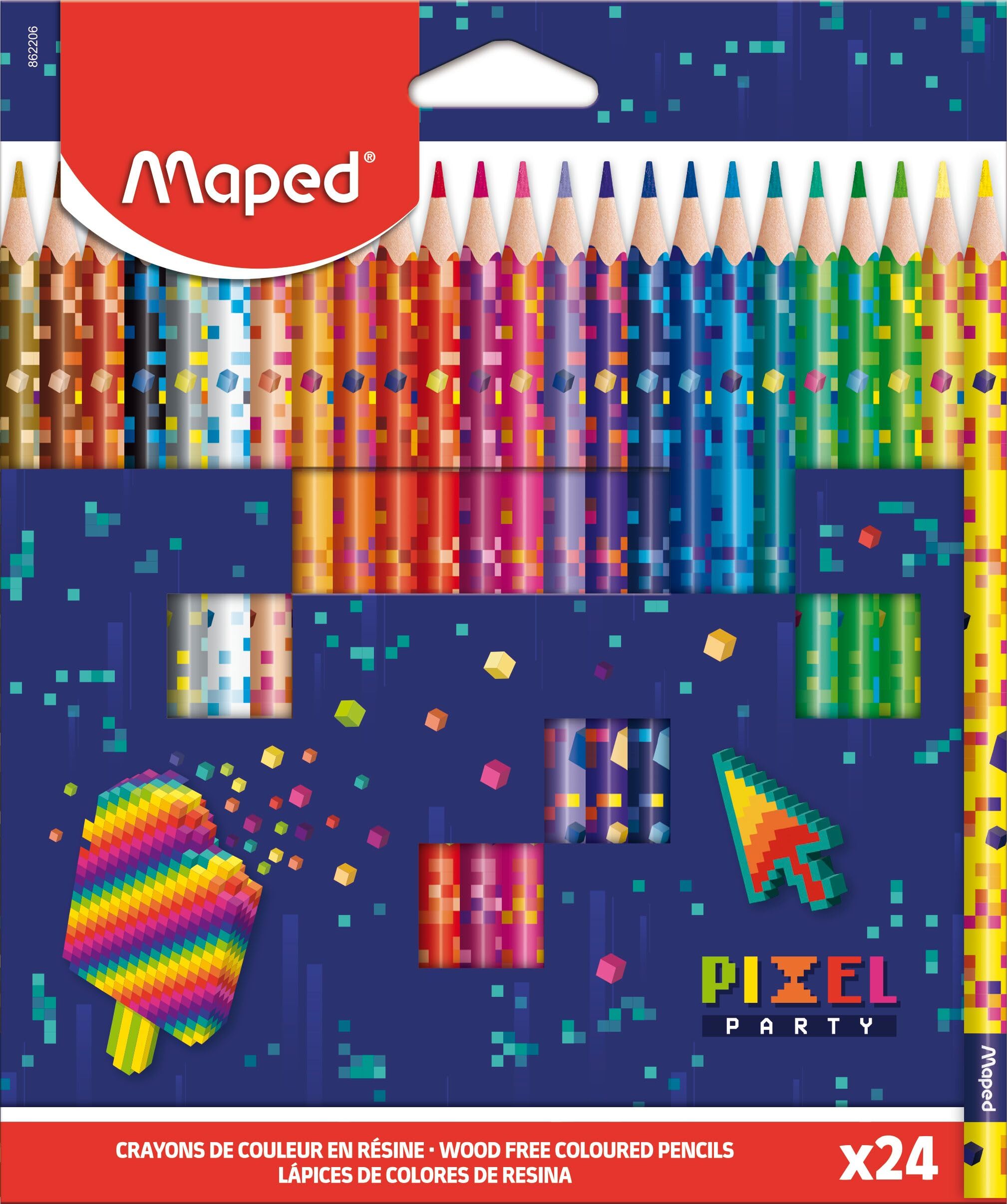 Maped - Pixel Party Colouring Pencils - Resin Coloured Pencils - Children's Colouring Pencils - Durable Lead - Ergonomic Triangle Shape - Box of 24 Colouring Pens