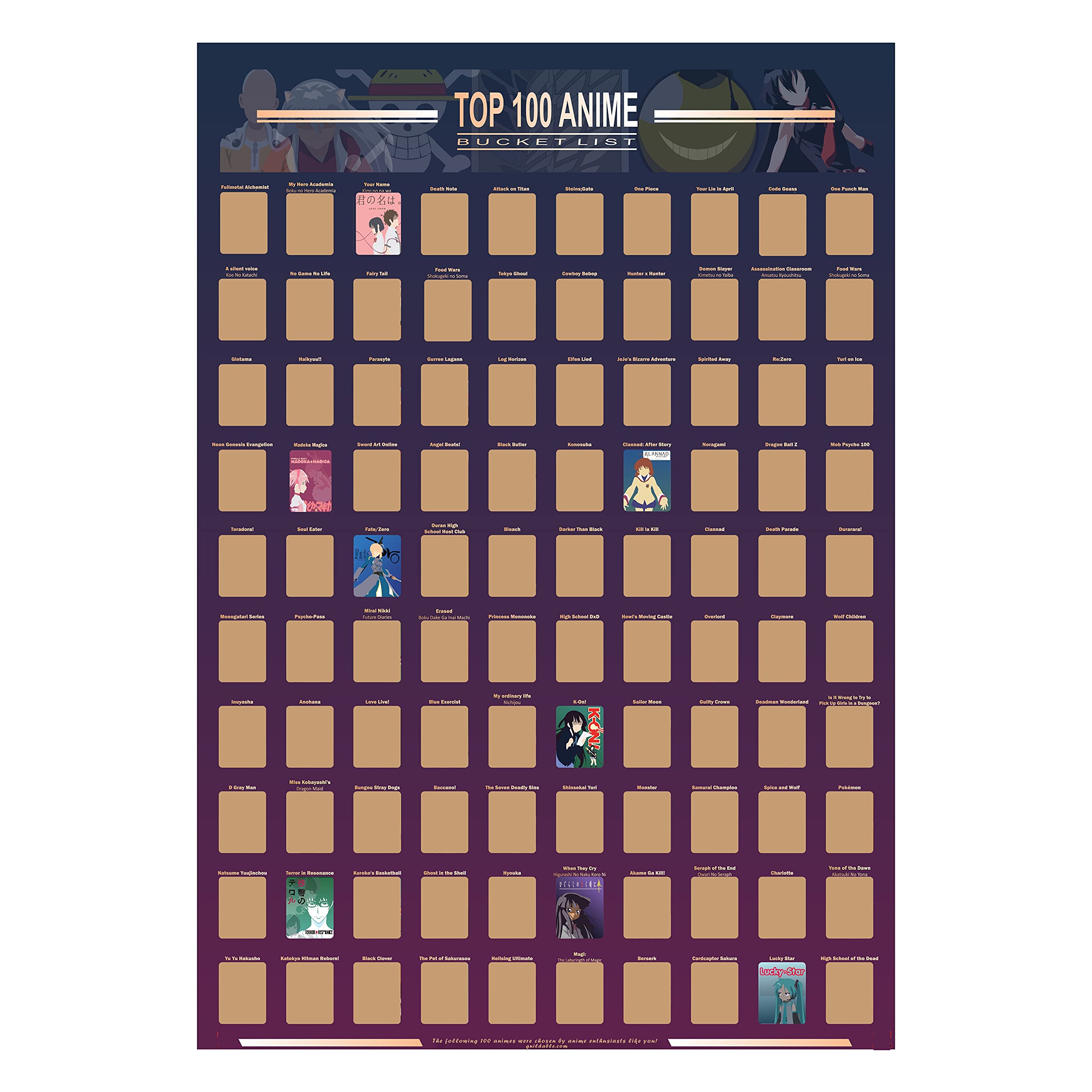 Guildable Top 100 Anime Scratch Off Poster - 2021 Anime Bucket List | Premium and Artistic Icons | Great Gift For Anime Enthusiasts (16.5" x 23.4")