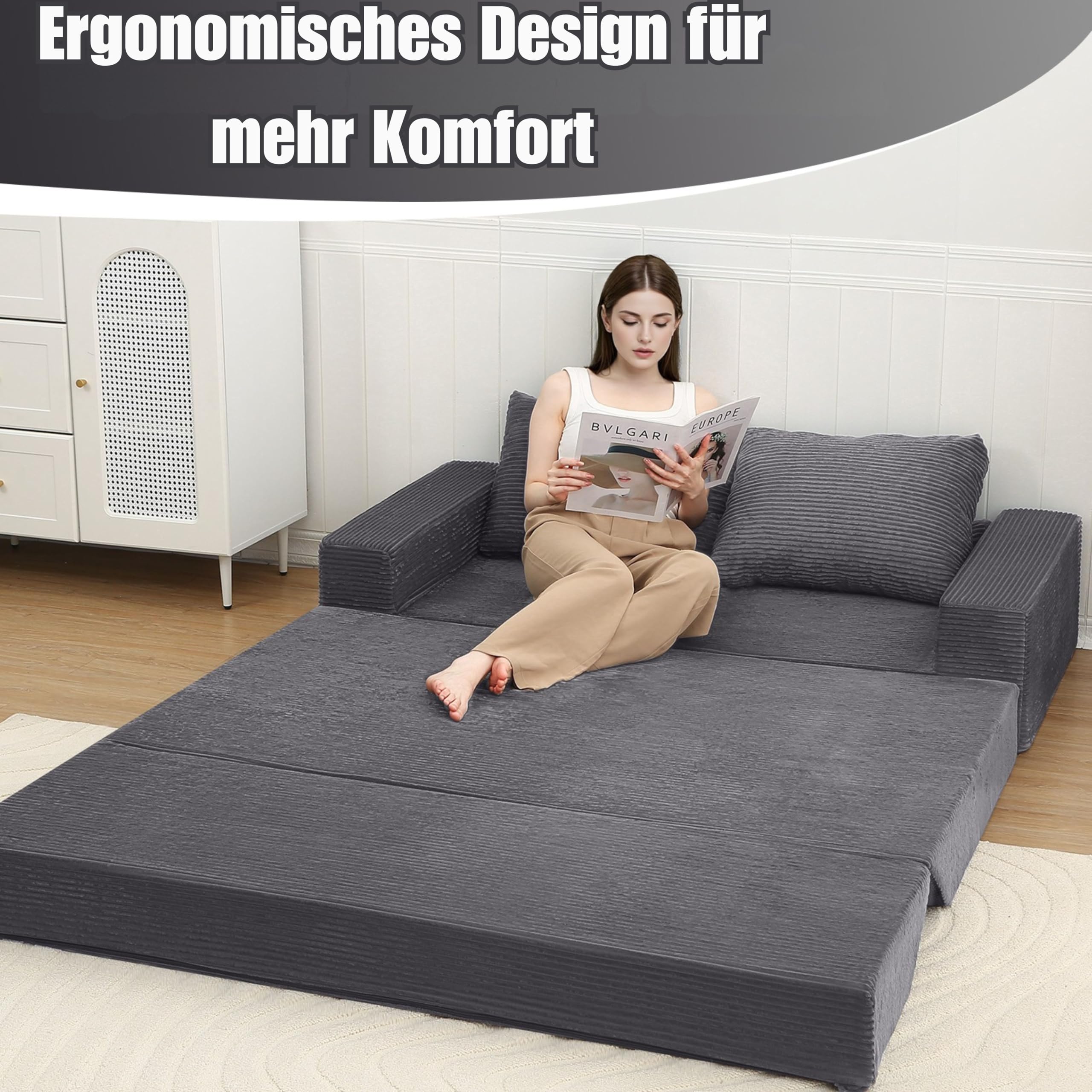 MeMoreCool Boneless Couch, Cord Faltbares Bodensofa mit Kissen, Ausziehbares Futon Schlafsofa, Bequemes Lounge-Sofa/Matratze/Gästebett für Wohnzimmer und Schlafzimmer, Grau
