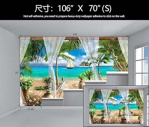 Miniatura 4 de WFBHUA -Mural de pared Tropical Beach Palm Tree Papel tapiz para balcón, ventana, paisaje marino, papel tapiz para baño, sala de estar, dormitorio