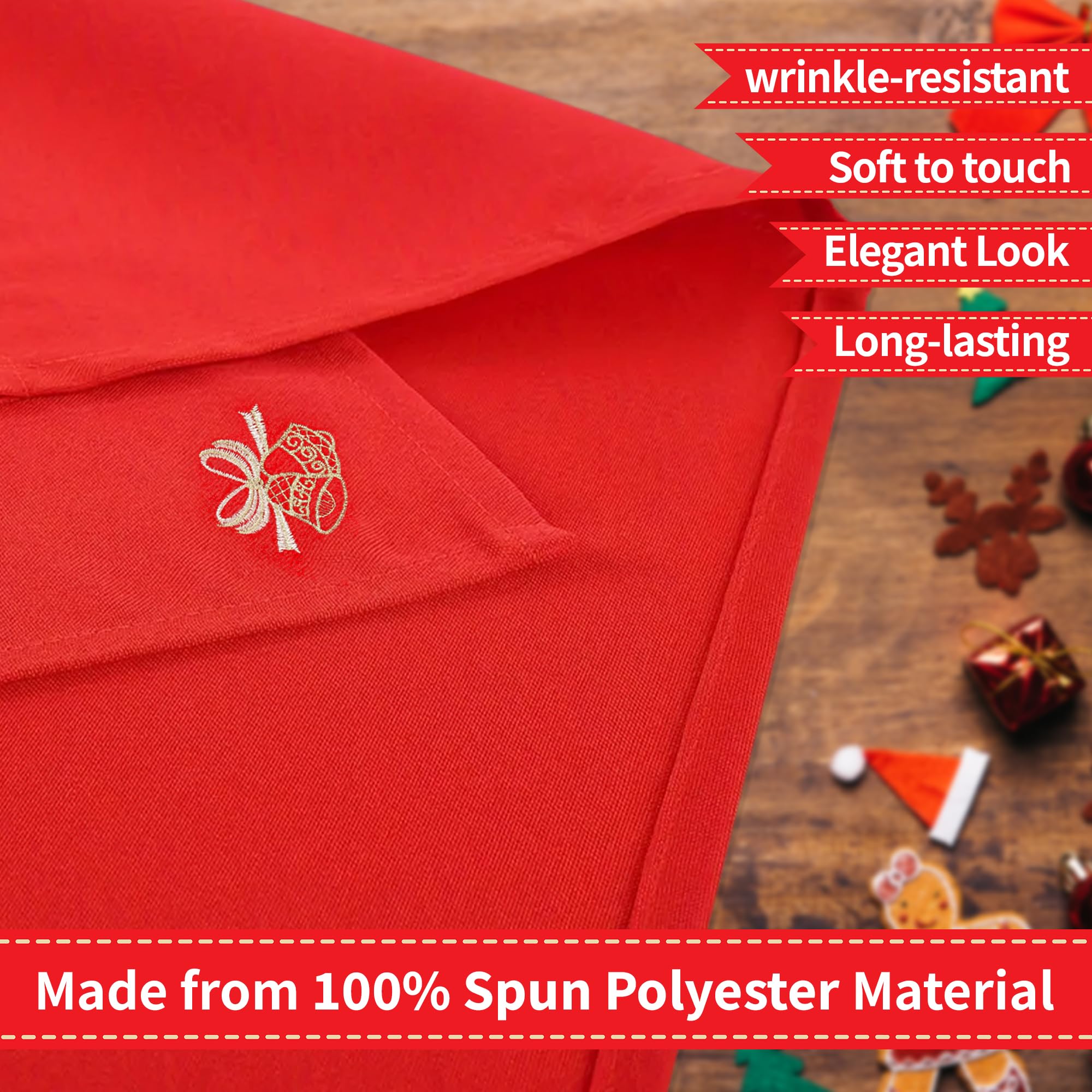 Trimming Shop Red Christmas Table Napkin Set including Festive Jingle Bell Embroidery, Spun Polyester - Image 3