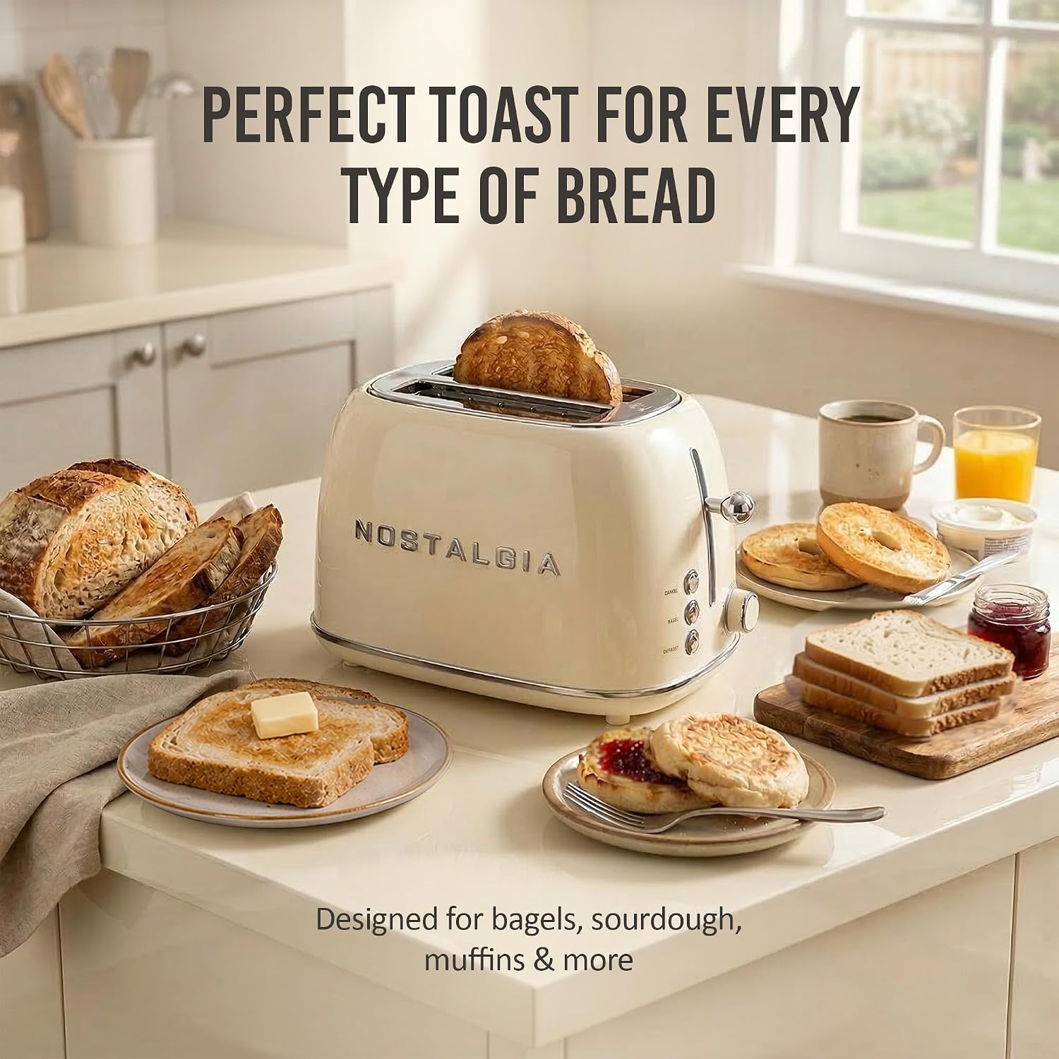 Nostalgia Classic Retro 2-Slice Toaster- Vintage Design- Enamel Coated Steel Body- Wide Slots for all Breads- Crumb Tray, Cord Storage- Defrost,Cancel and Bagel Function & 6 Toasting Levels- Cream