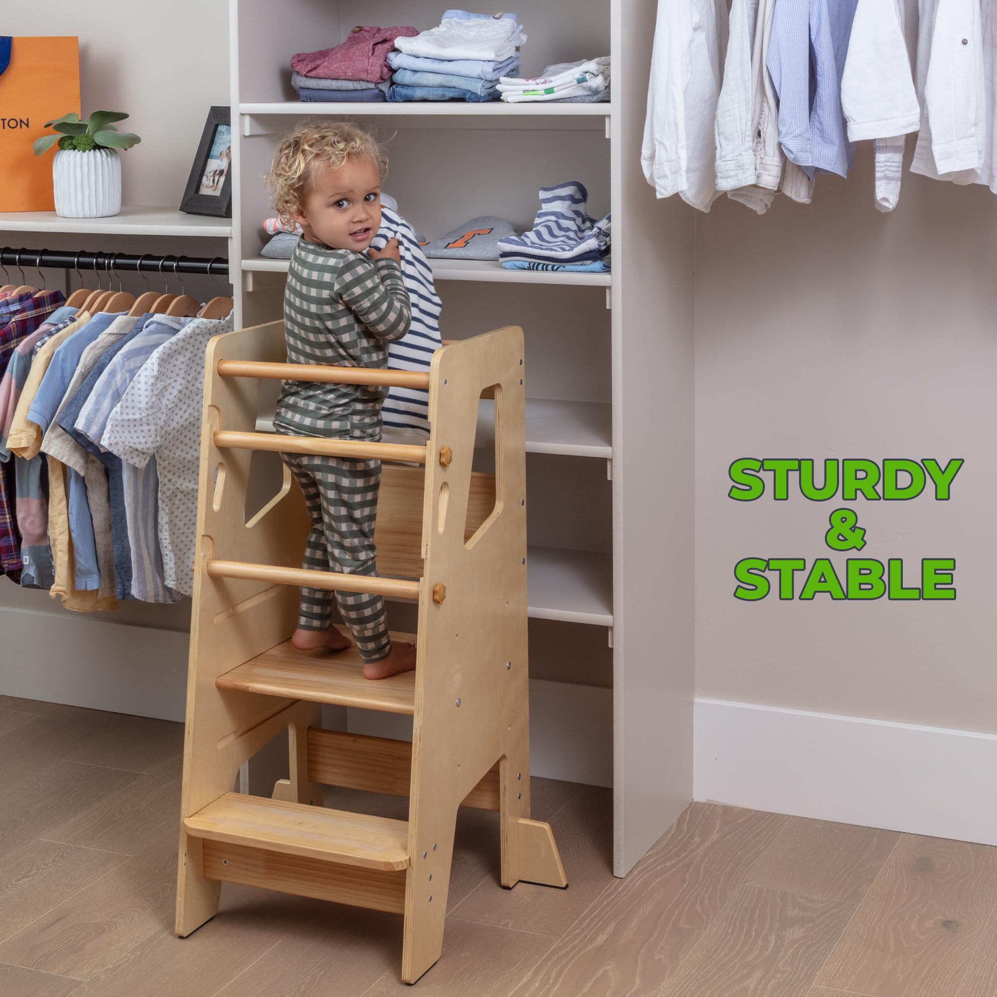 OCODILE Torre de pie para niños pequeños, altura ajustable, taburete de cocina ideal para aprender nuevas habilidades, extra seguro con patas de seguridad, barnizado