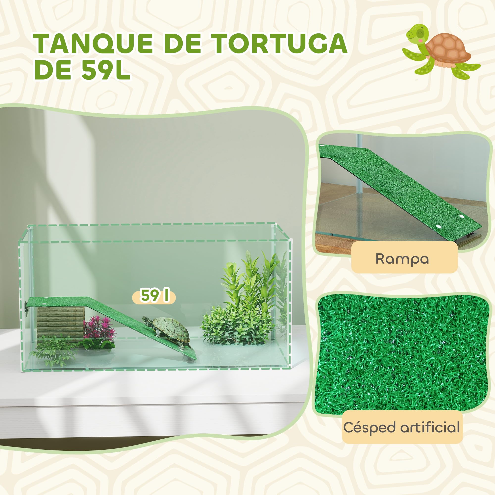 PawHut Acquario per tartarughe, terrario per tartarughe con piattaforma e rampa con superficie in erba artificiale, vista panoramica a 360°, per piccoli pesci, gamberetti, 60x35x28 cm, bianco