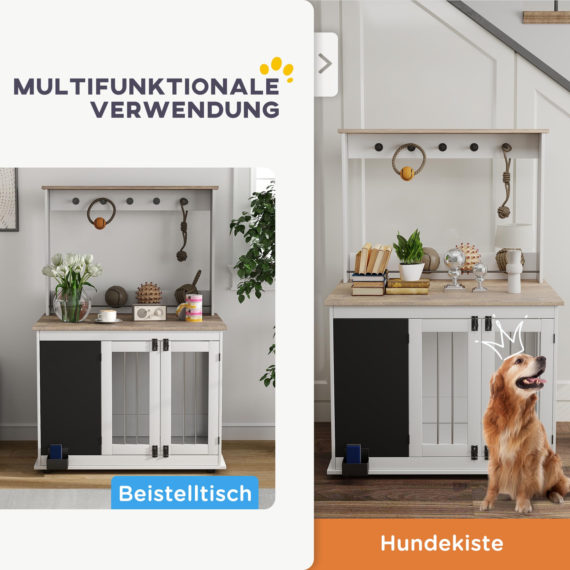 PawHut Hundekäfig für Zuhause mit 3 Türen, Haken für große Hunde Weiß | Hundebox, Hundehaus mit Radiergummi, Schreibtafel, Aufbewahrungsregal für Spielzeug