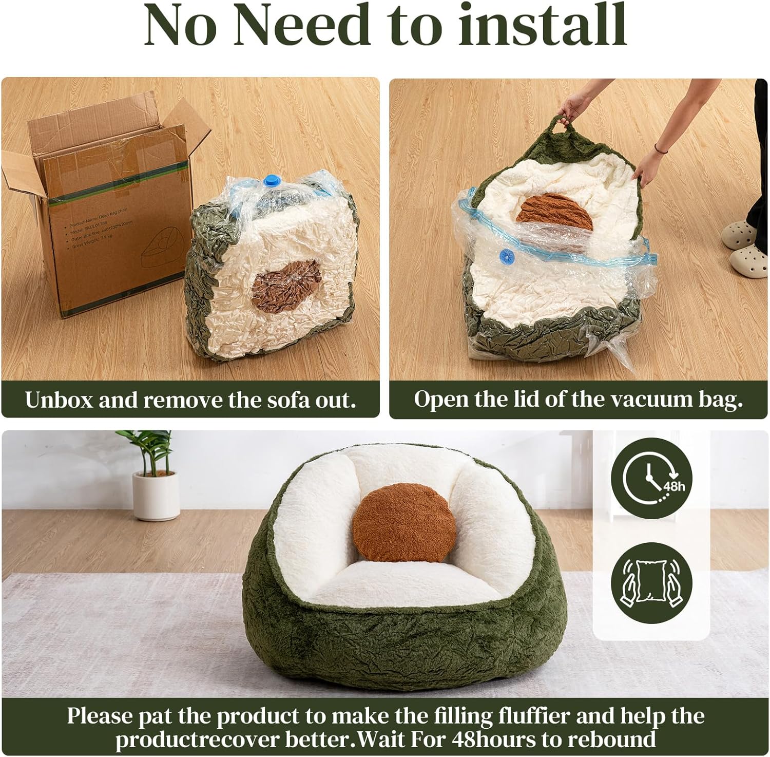 HOMMPA Bean Bag Chair for Teens Comfy Faux Fur Bean Bag Couch with Back Support Stuffed Lazy Floor Sofa for Living Room Bedroom Dorm,Avocado Green