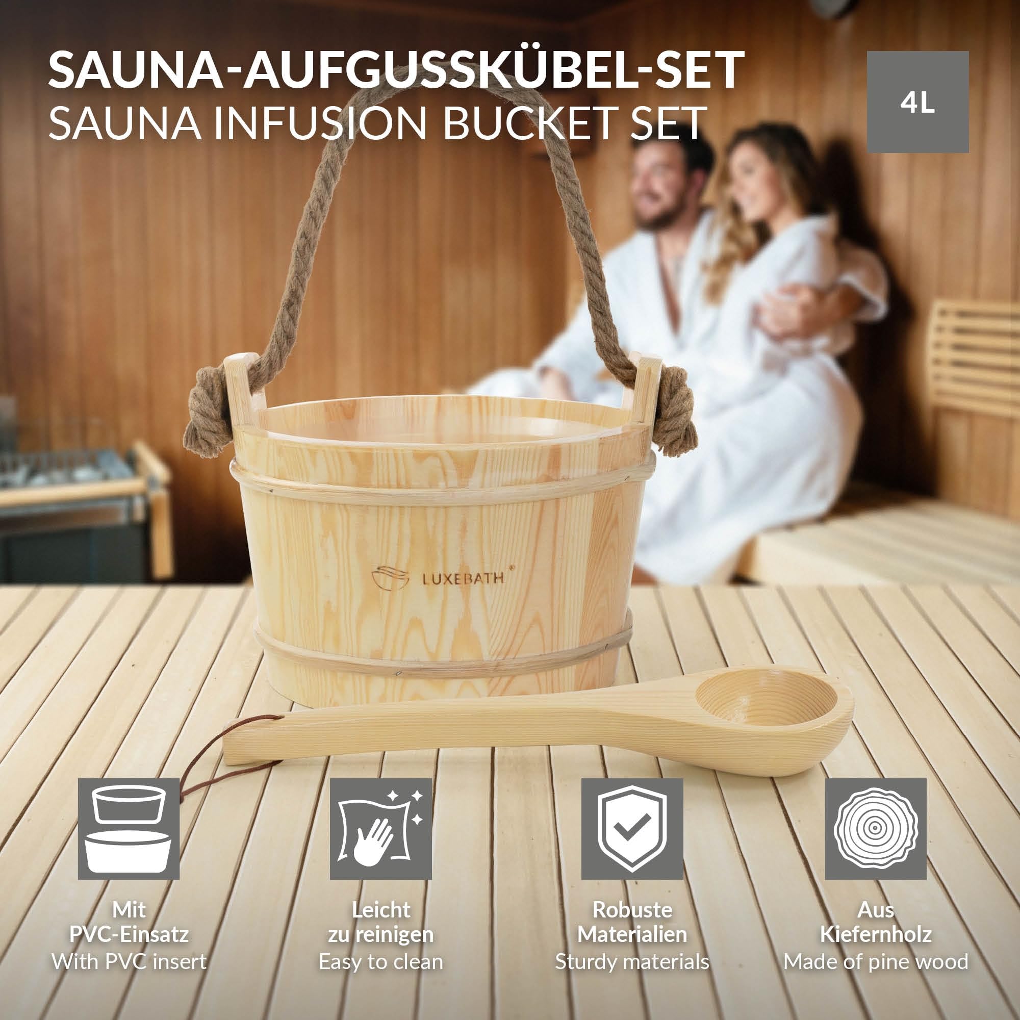 LuxeBath Saunazubehör-Set aus massivem Kiefernholz, Sauna Set 2-tlg, Aufgusskübel mit Kunststoffeinsatz & Schöpfkelle, Saunaeimer 4L mit Seilgriff & Schöpflöffel, Langlebiges Sauna Wassereimer Zubehör
